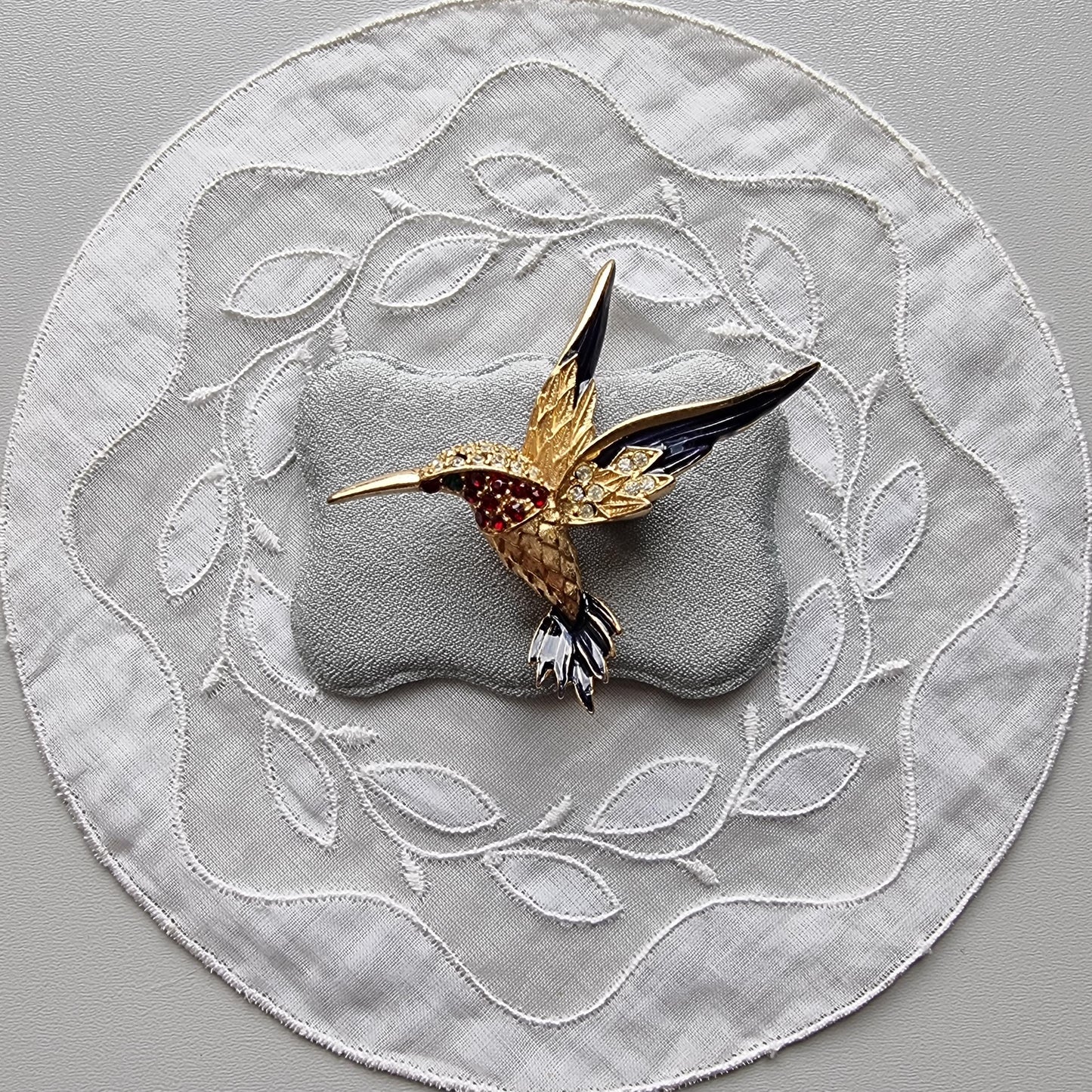 Brooch - Blue Enamel and Red and Green Crystals Hummingbird Brooch