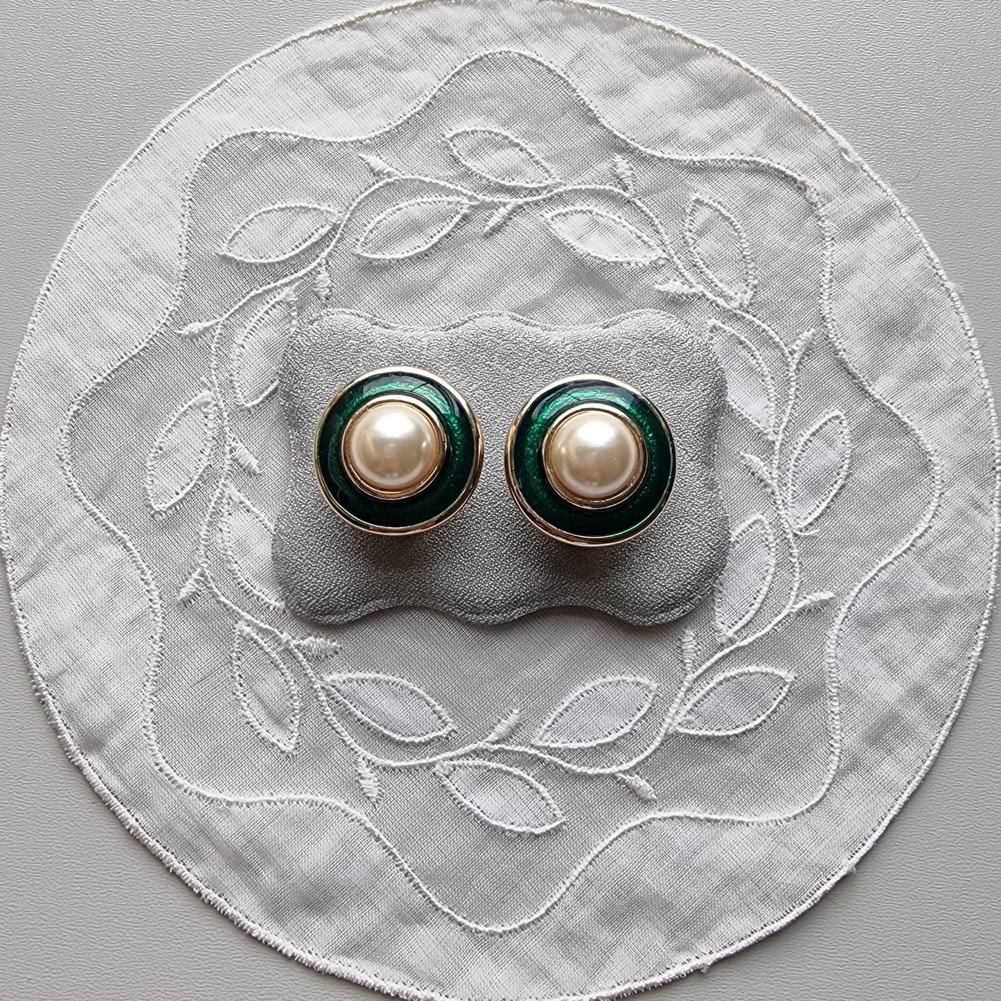 Clip on - Faux Pearl and Green Enamel Clip On Earrings