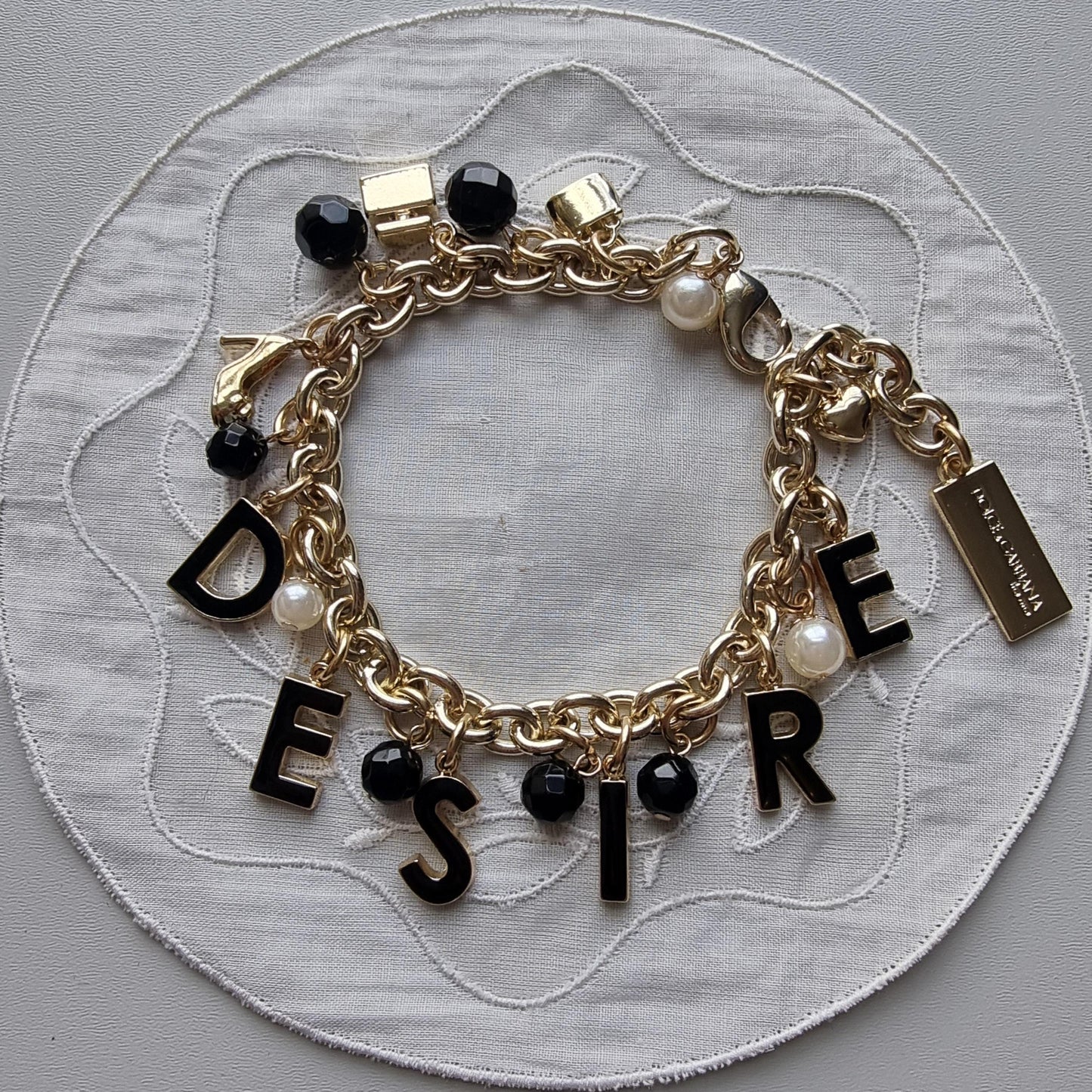 Bracelet - Dolce and Gabanna Desire Black Enamel and Pearls Charm Bracelet