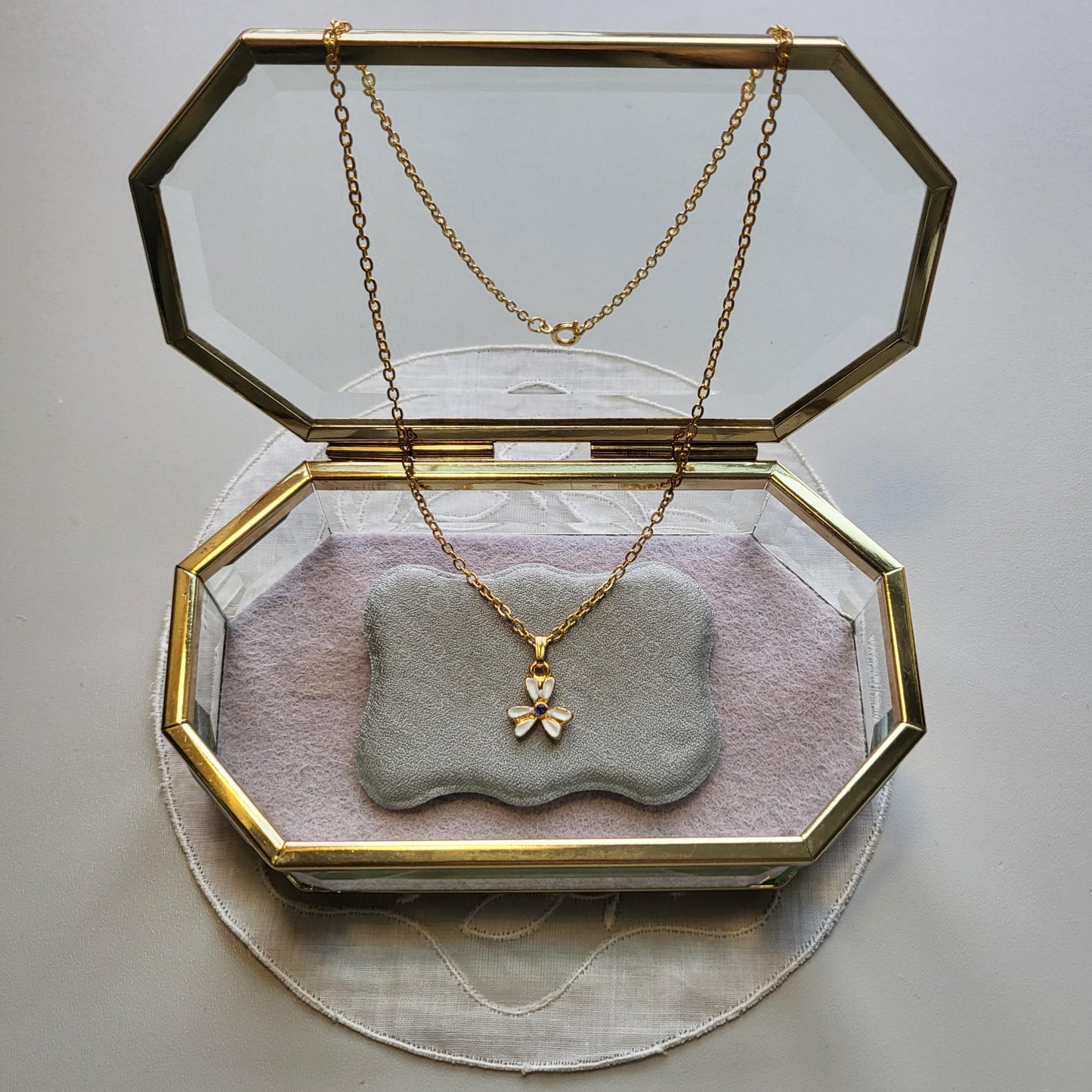 Necklace - White Enamel Blue Crystal Flower Pendant Necklace