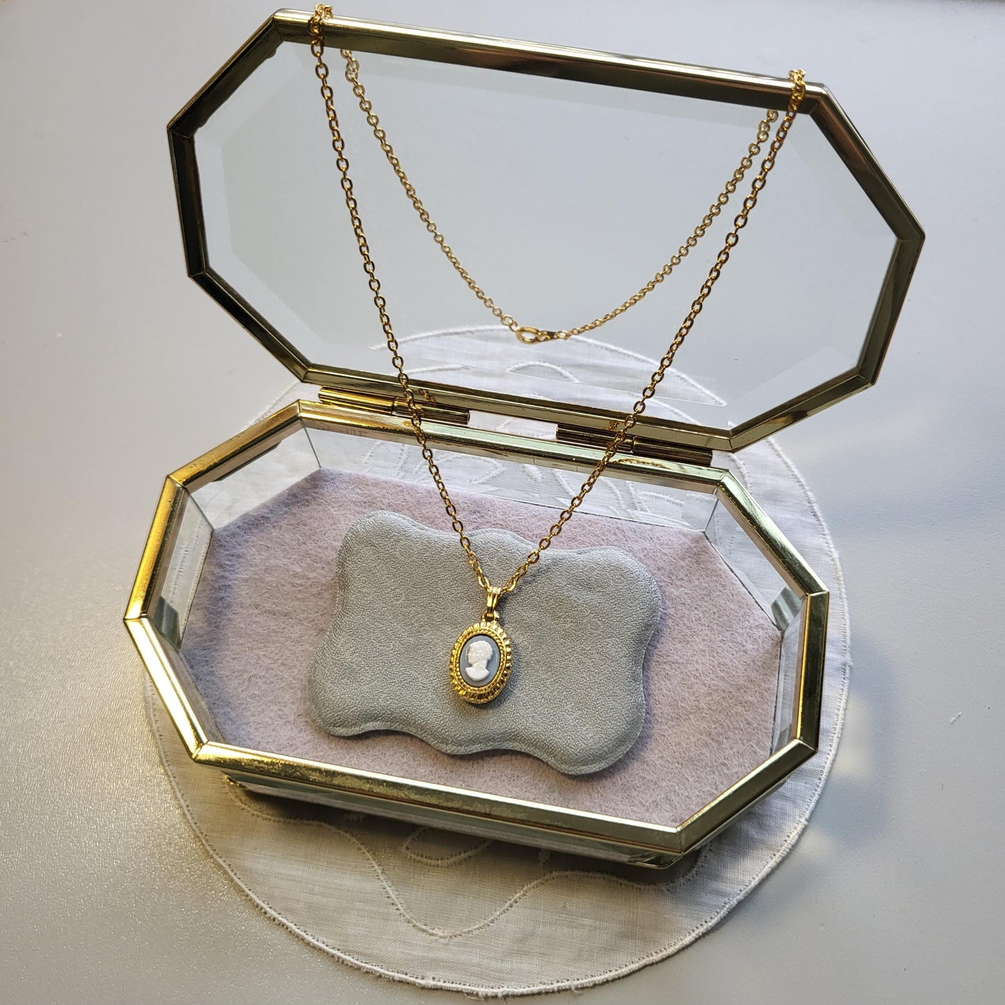 Necklace - Light Blue and White Cameo Pendant Necklace