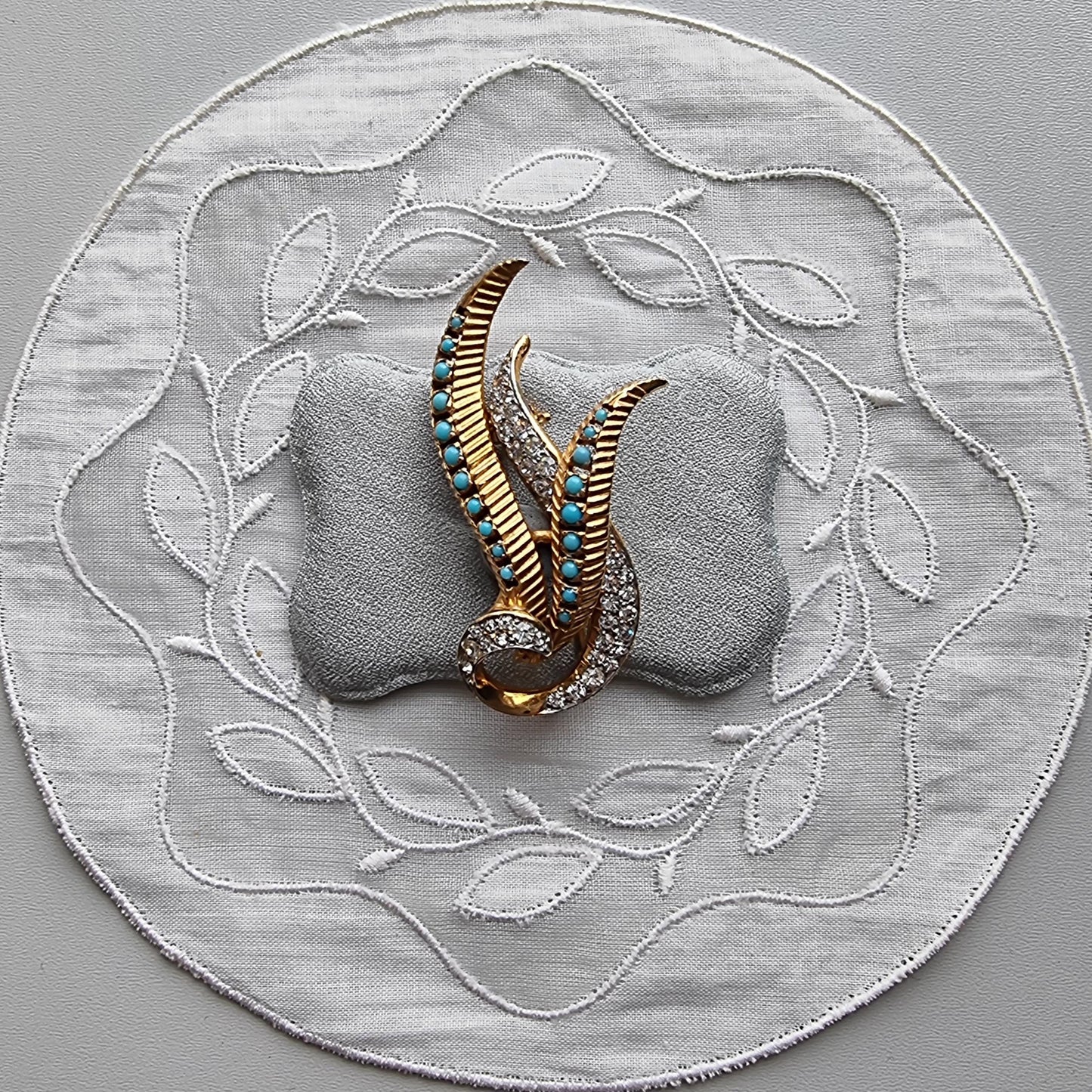 Brooch - Pearl Turquoise and Crystal Flower Brooch