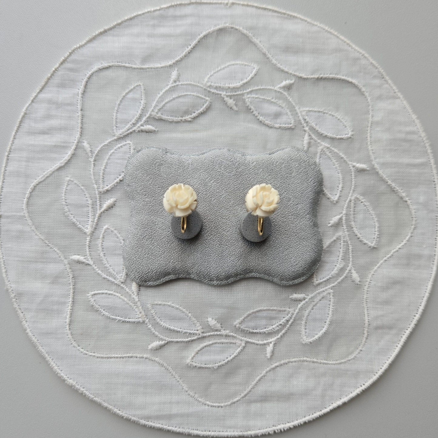 Clip on - Carved Bone White Rose Clip On Earrings