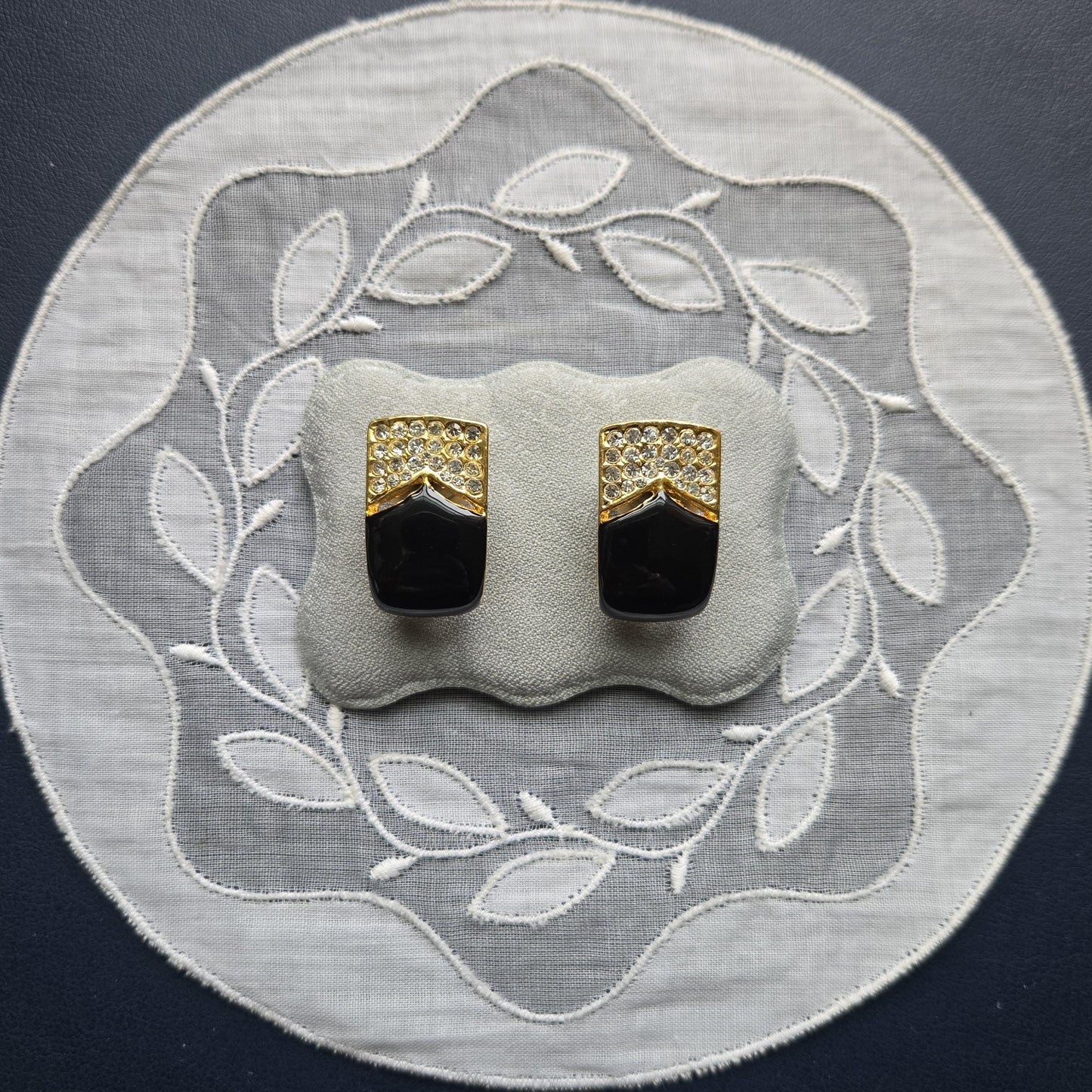 Clip on - Black Enamel and Clear Crystals Clip On Earrings