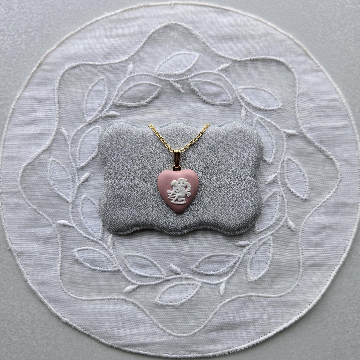 Necklace - Wedgwood Pink Heart Cherub Jasperware Pendant Necklace
