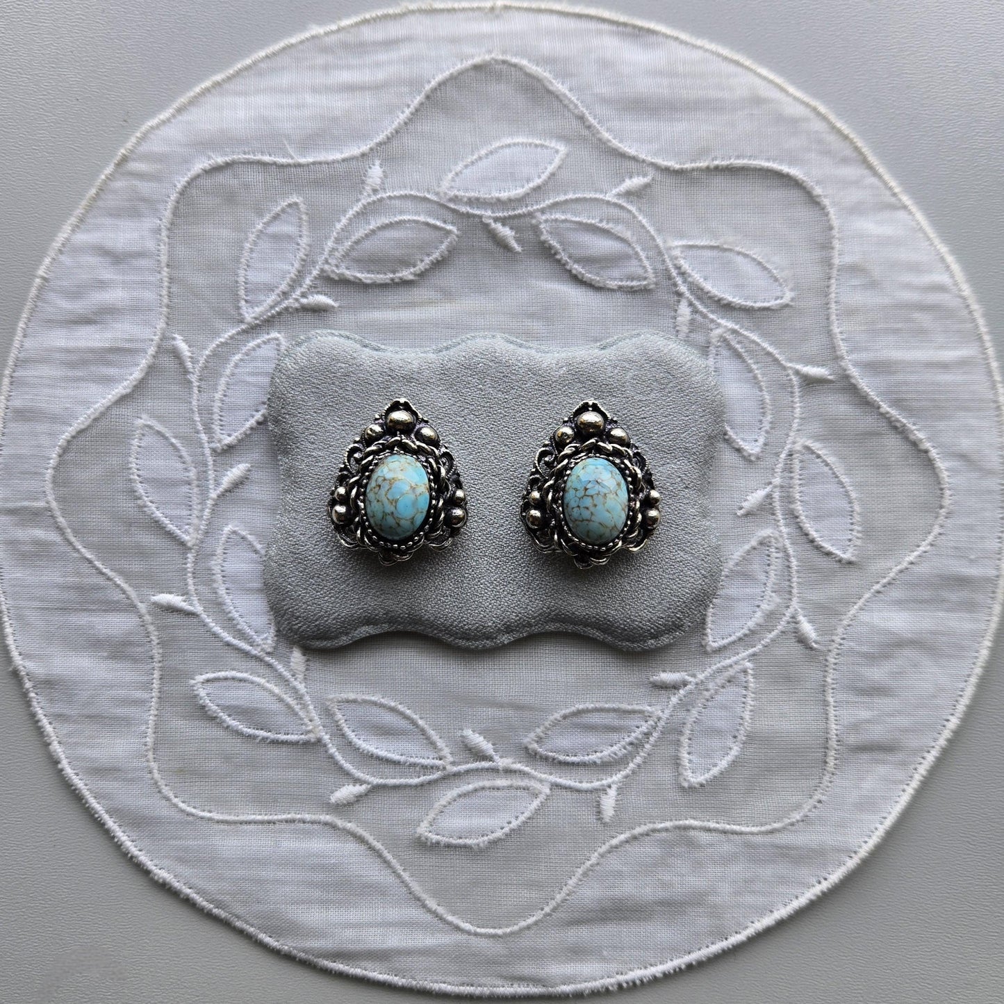 Clip on - Silver Tone Ornate Turquoise Clip on Earrings
