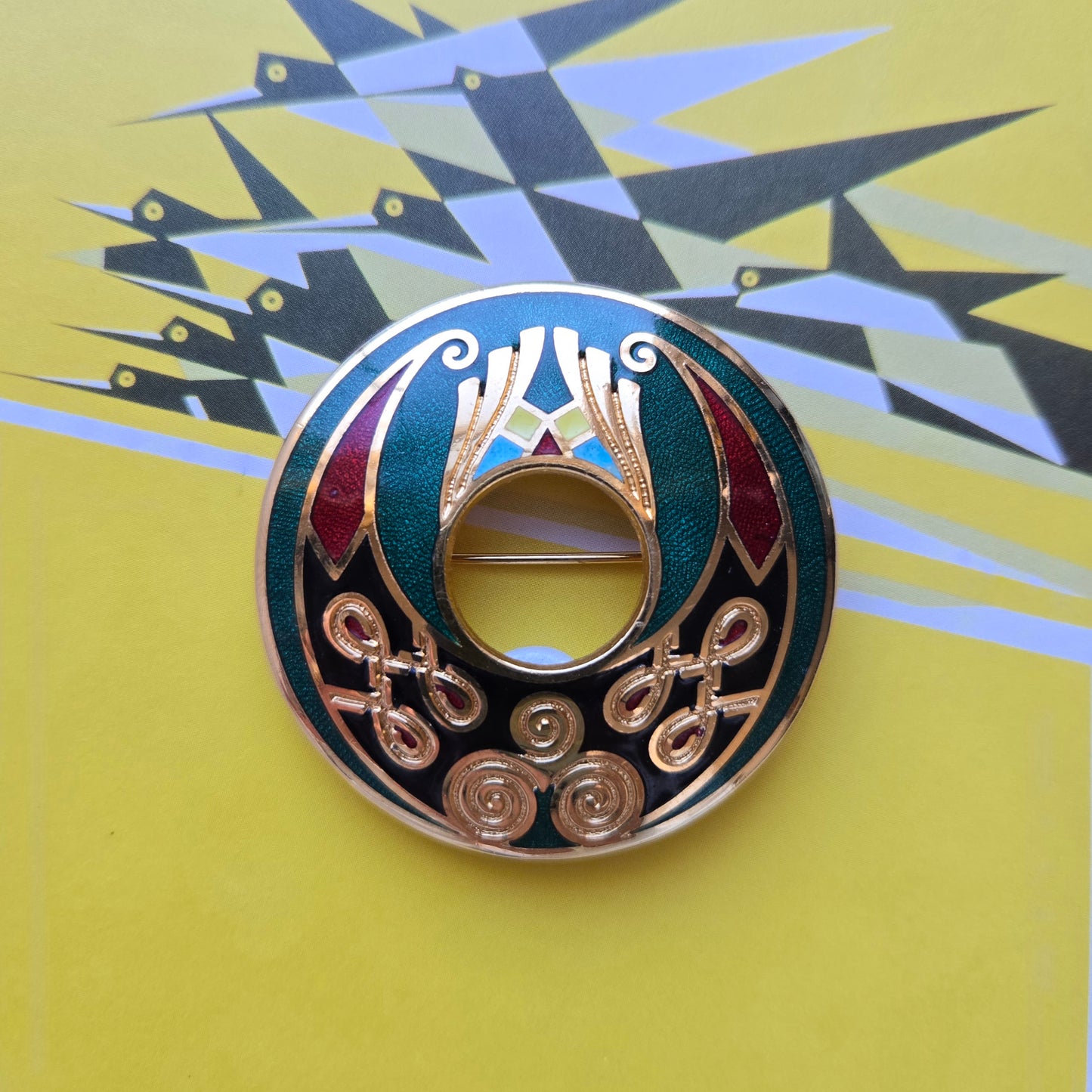 Brooch - Green Red and Black Enamel Round Brooch