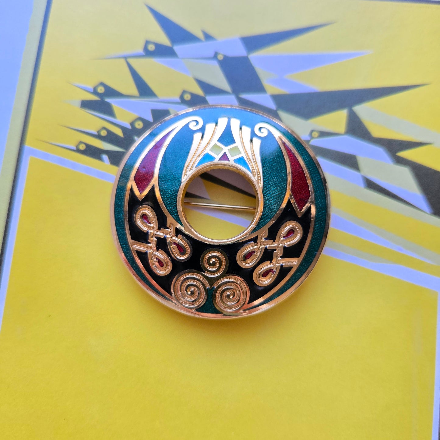 Brooch - Green Red and Black Enamel Round Brooch