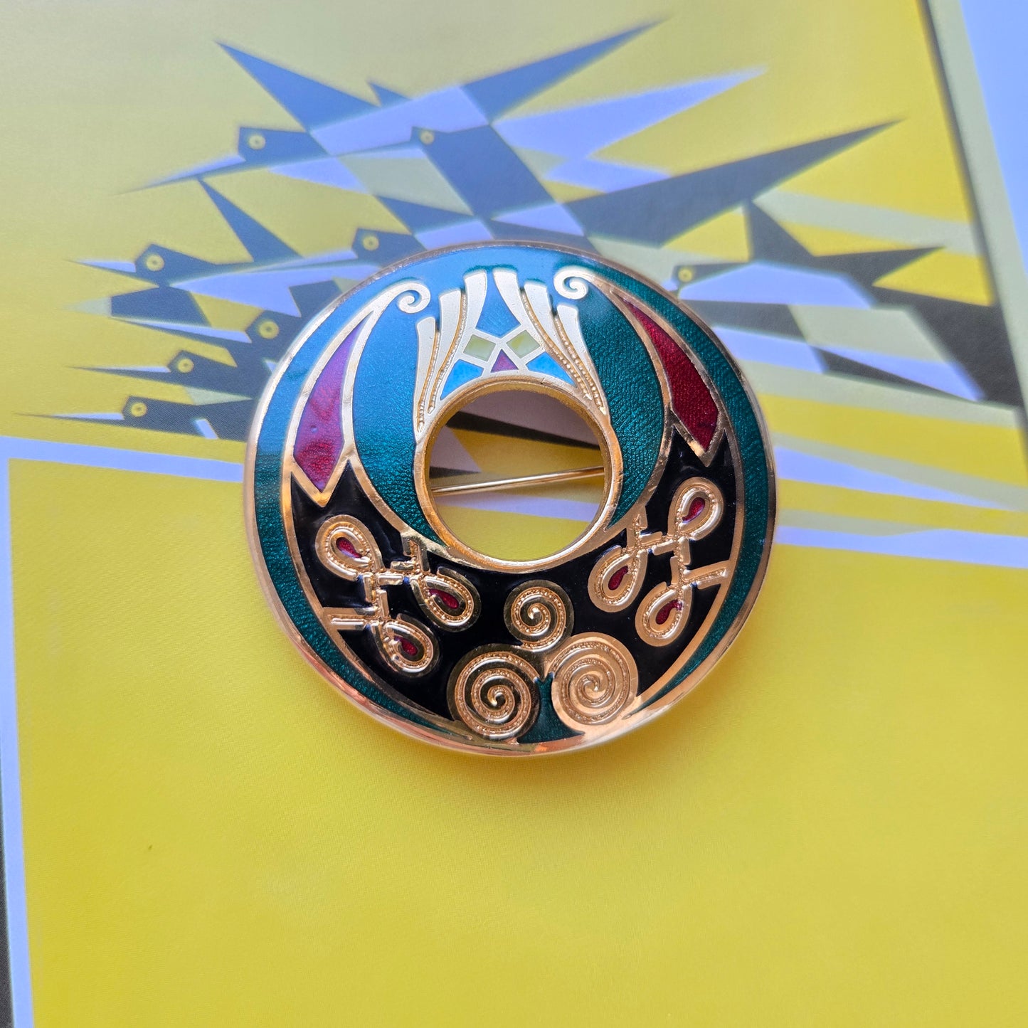 Brooch - Green Red and Black Enamel Round Brooch