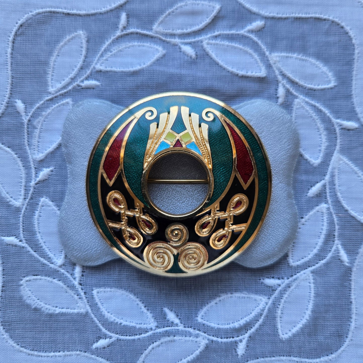 Brooch - Green Red and Black Enamel Round Brooch