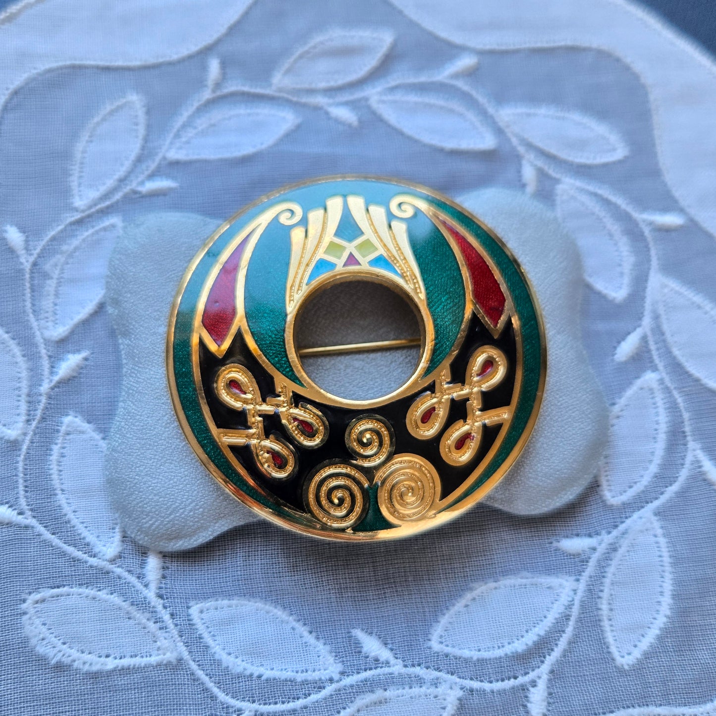 Brooch - Green Red and Black Enamel Round Brooch