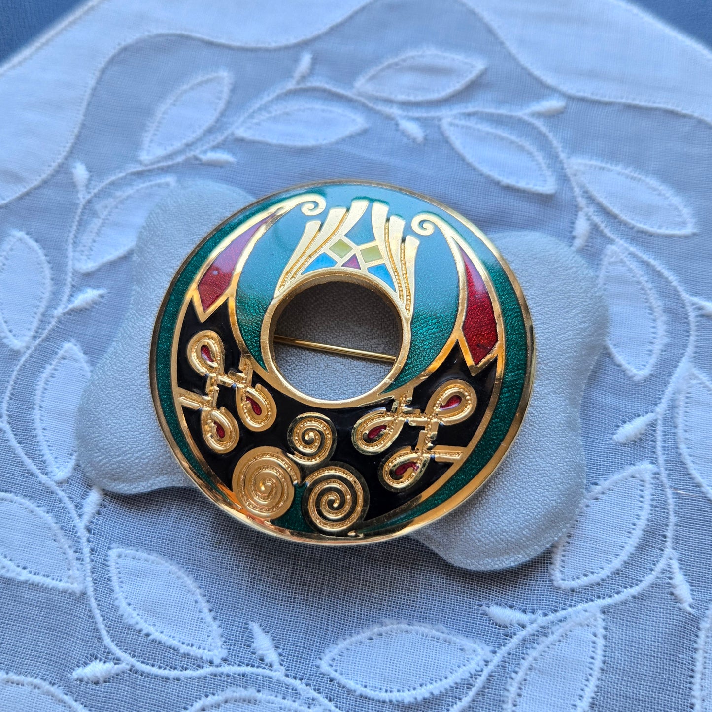 Brooch - Green Red and Black Enamel Round Brooch