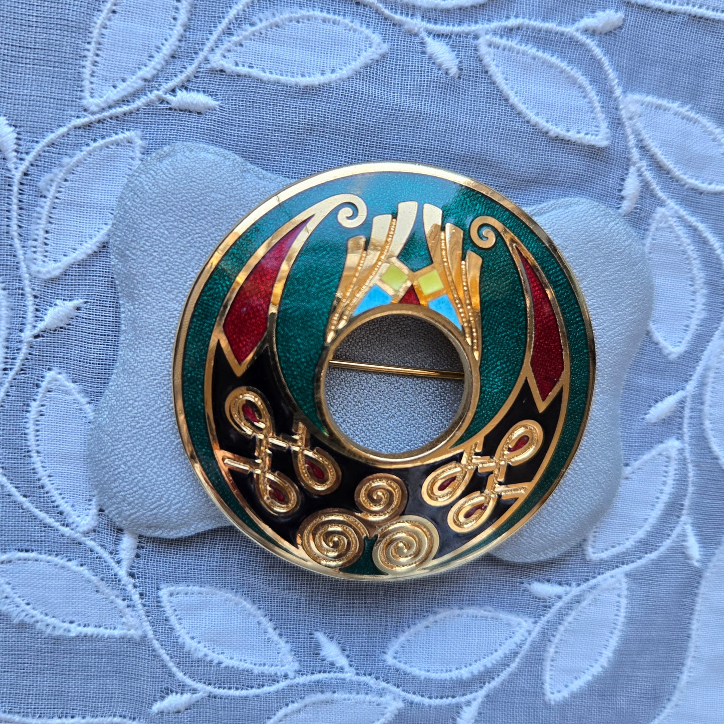 Brooch - Green Red and Black Enamel Round Brooch