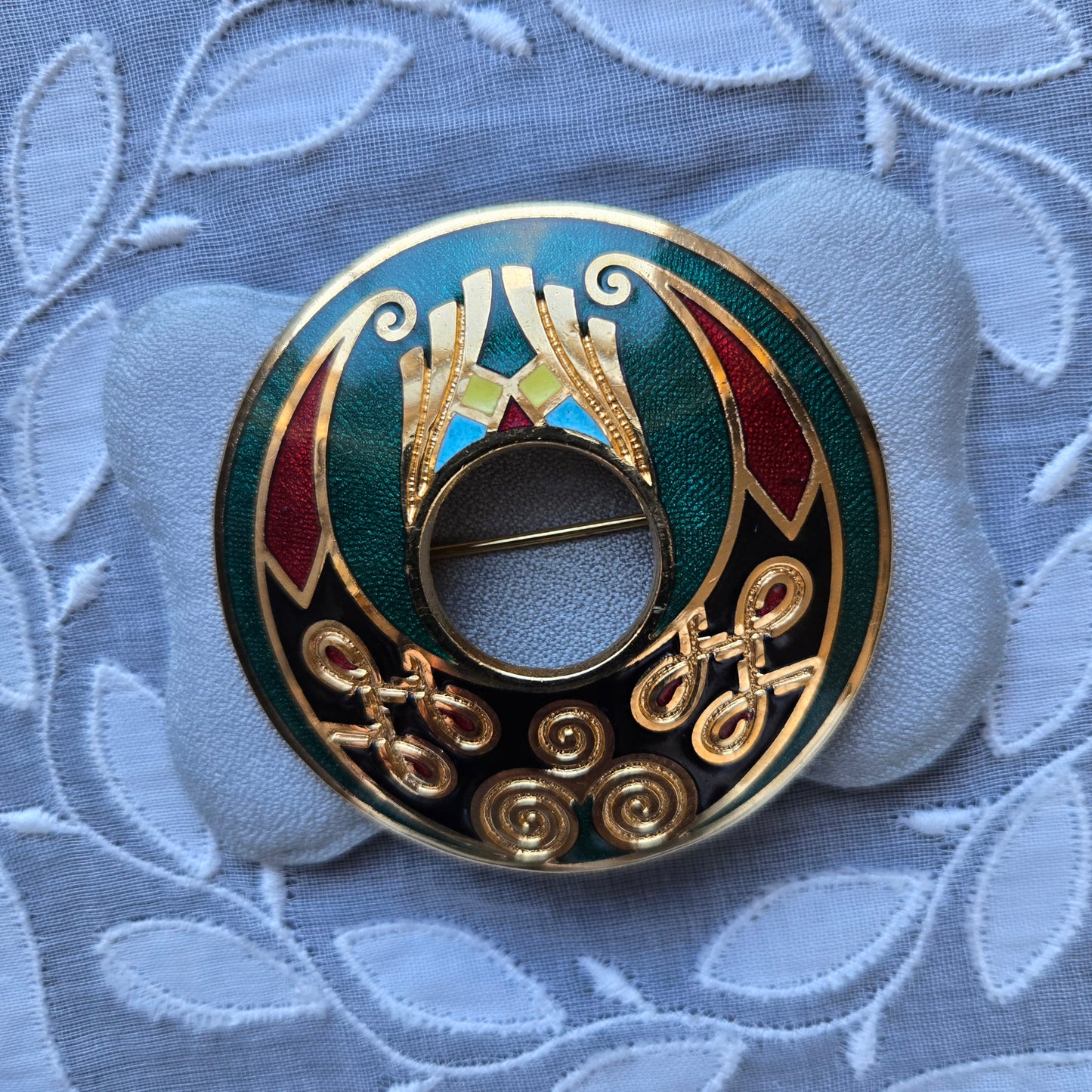 Brooch - Green Red and Black Enamel Round Brooch