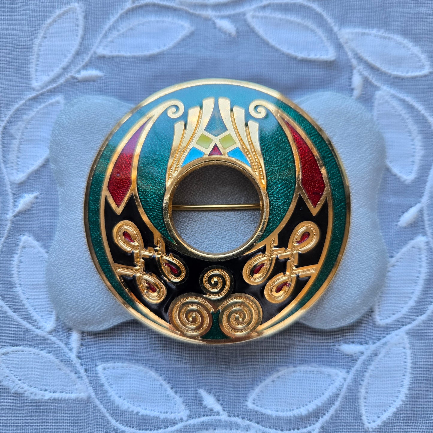 Brooch - Green Red and Black Enamel Round Brooch