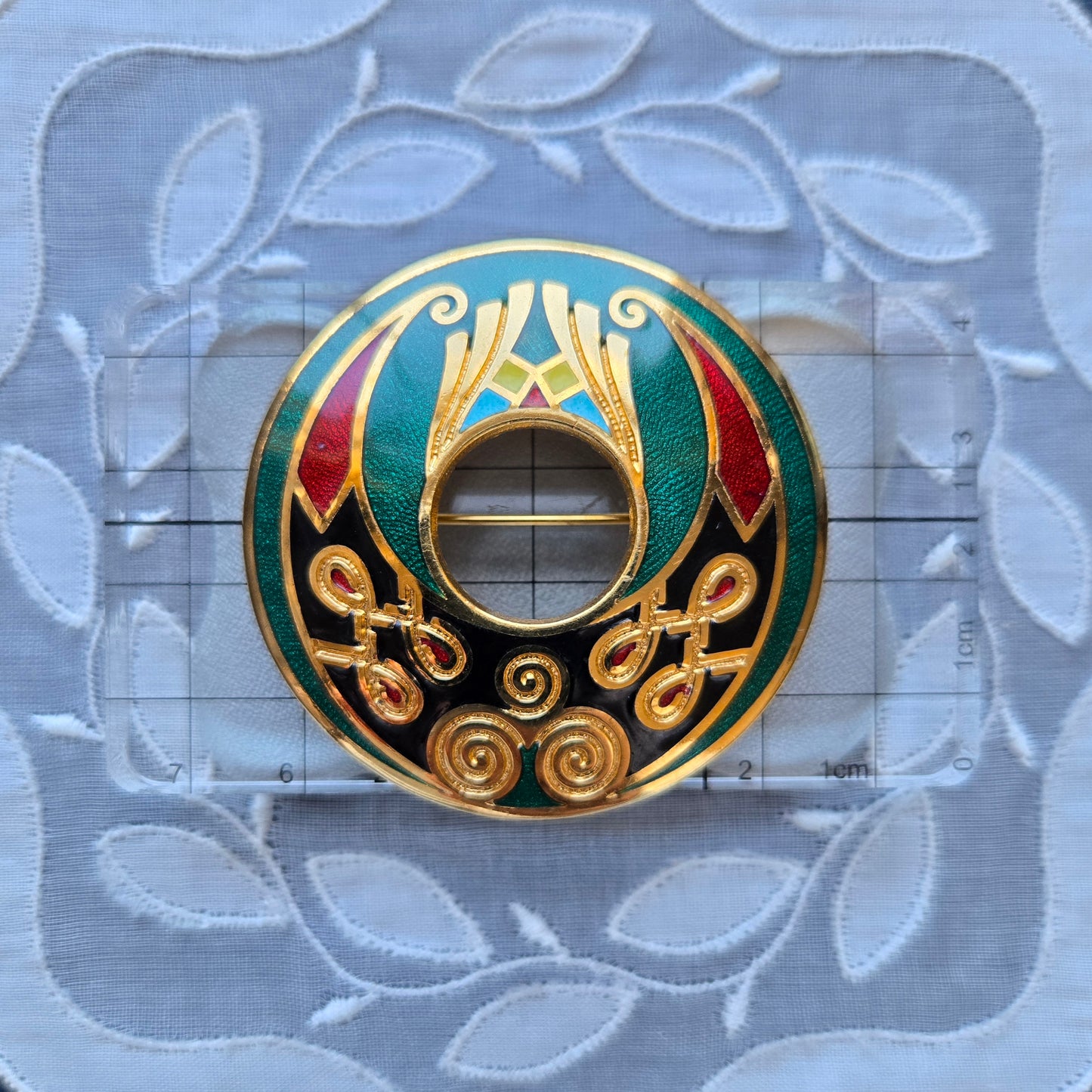 Brooch - Green Red and Black Enamel Round Brooch