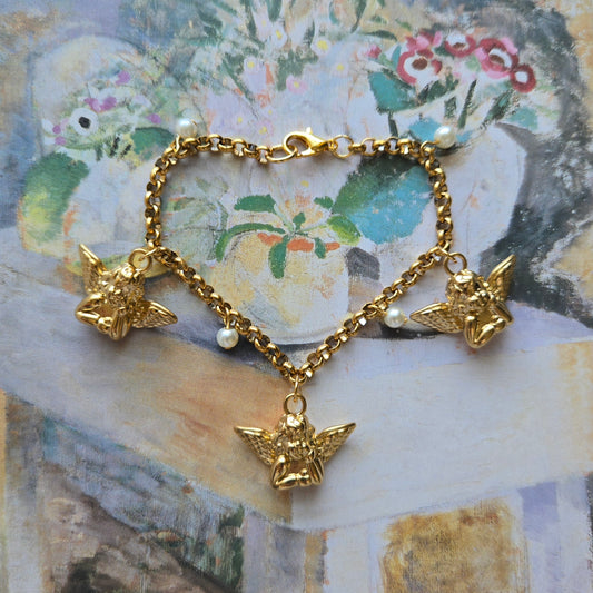 Bracelet - Gold Cherub and Pearl Charm Bracelet