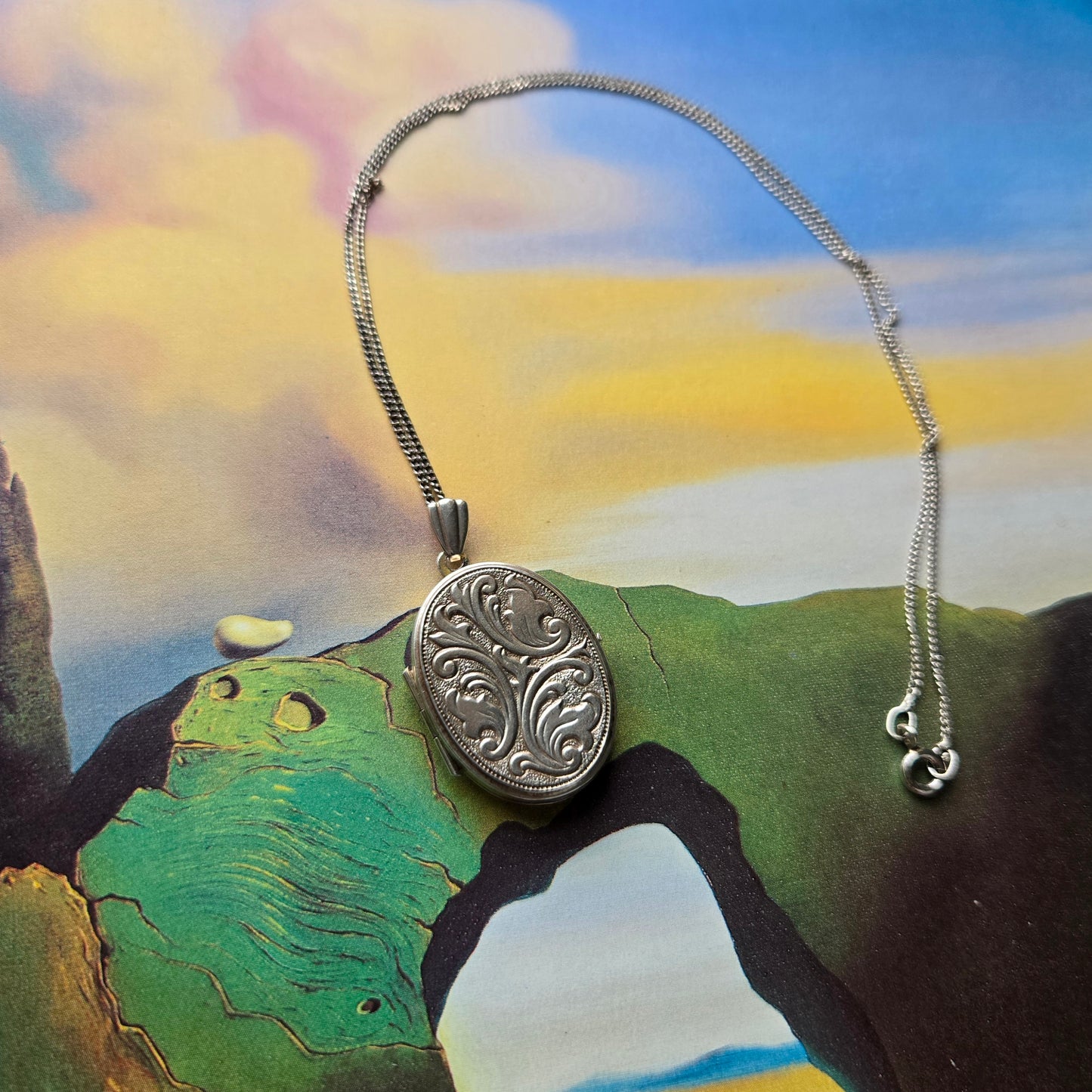 Necklace - Sterling Silver Scroll Engraved Oval Locket Pendant Necklace