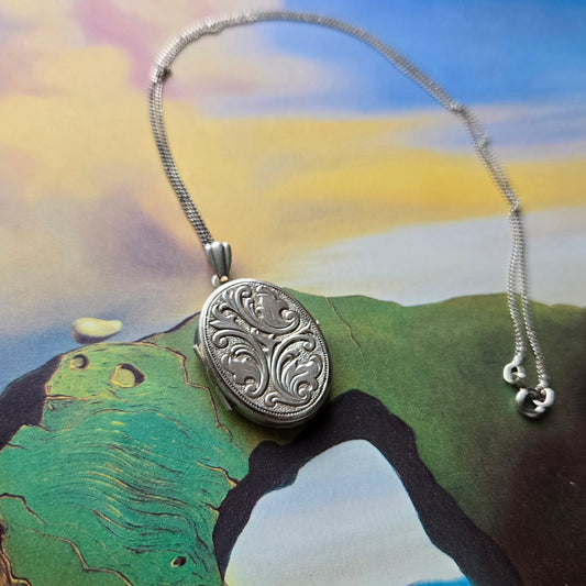 Necklace - Sterling Silver Scroll Engraved Oval Locket Pendant Necklace