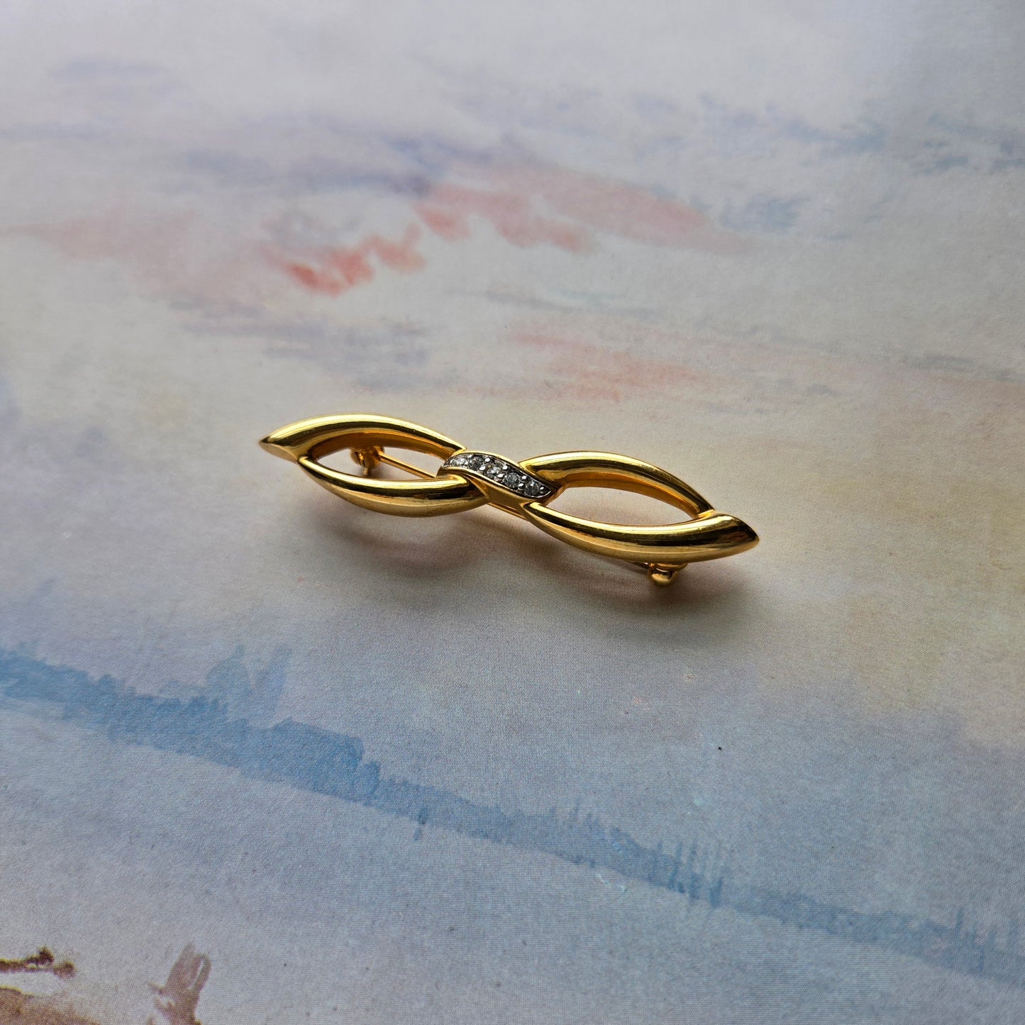 Brooch - Cristalina Gold and Clear Crystals Bow Bar Brooch