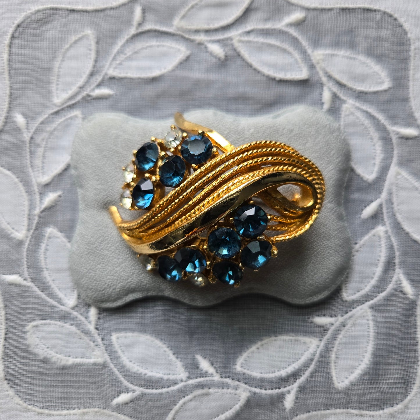 Brooch - Vintage Sphinx Blue and Clear Rhinestones Statement Brooch