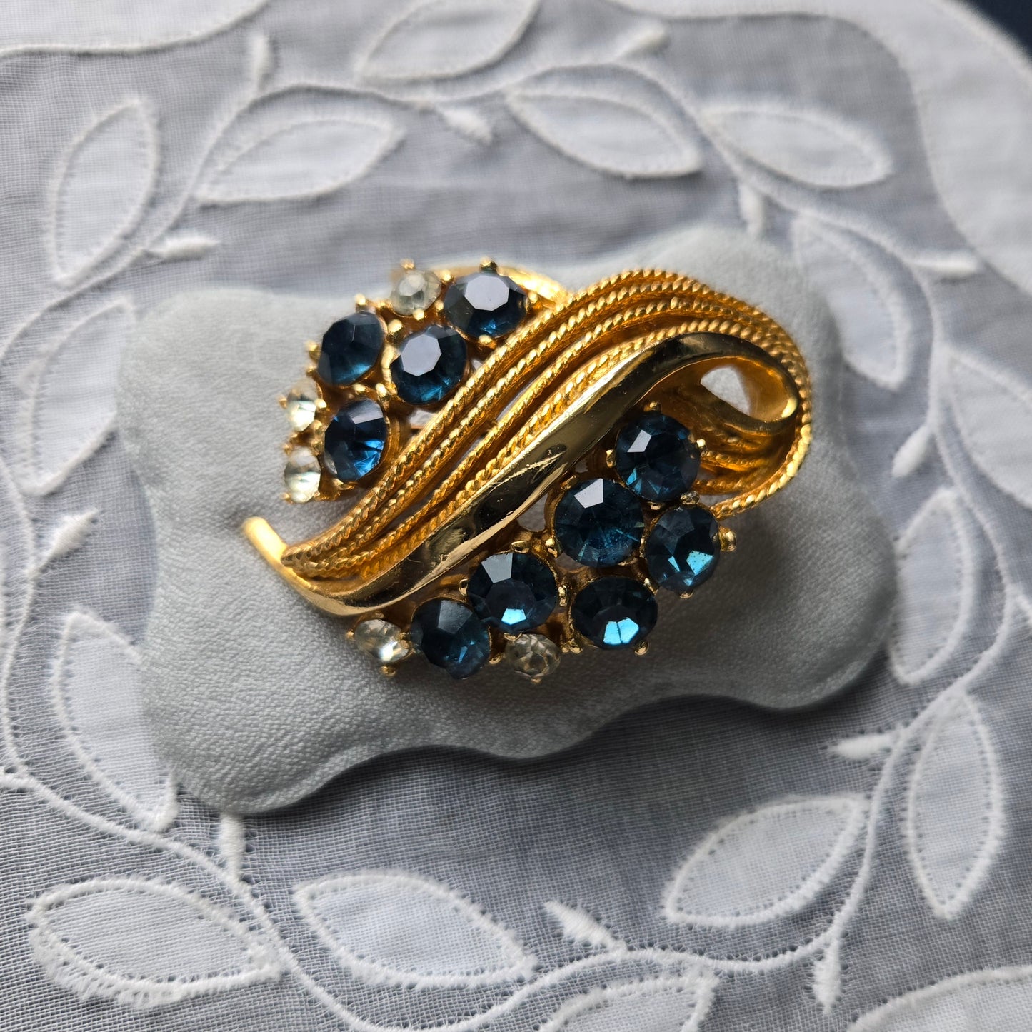 Brooch - Vintage Sphinx Blue and Clear Rhinestones Statement Brooch