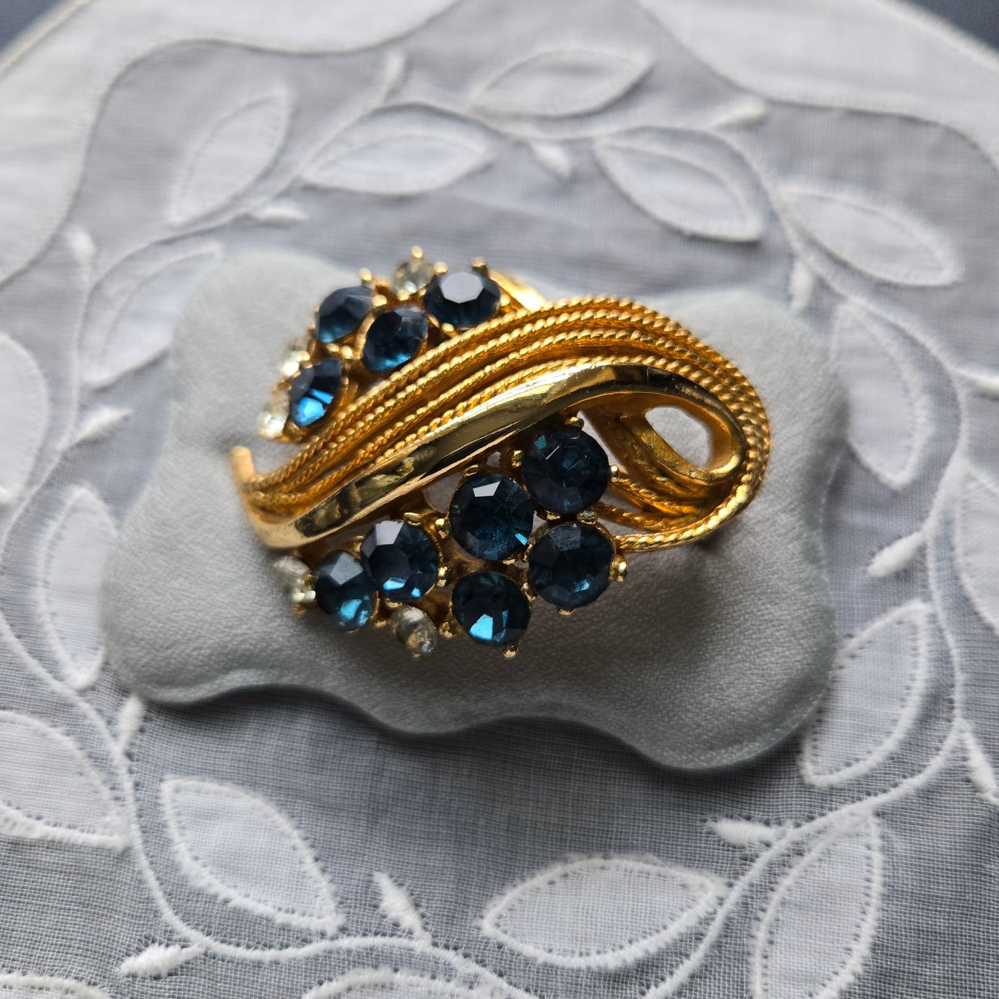 Brooch - Vintage Sphinx Blue and Clear Rhinestones Statement Brooch