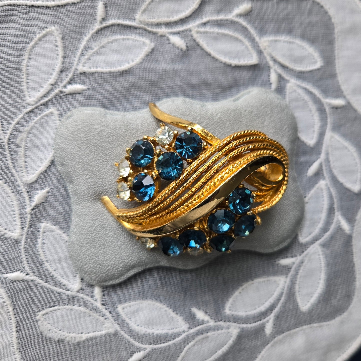 Brooch - Vintage Sphinx Blue and Clear Rhinestones Statement Brooch