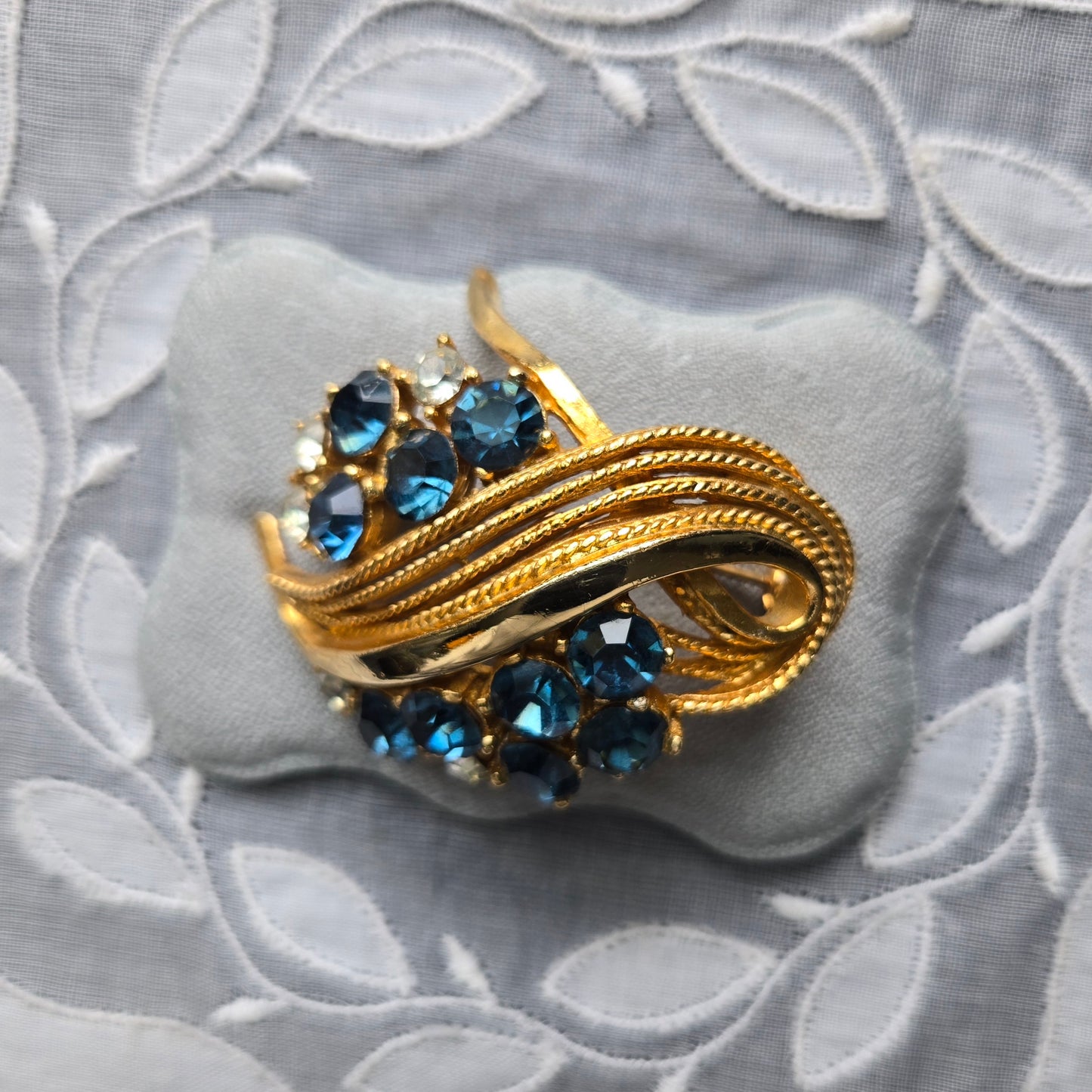 Brooch - Vintage Sphinx Blue and Clear Rhinestones Statement Brooch