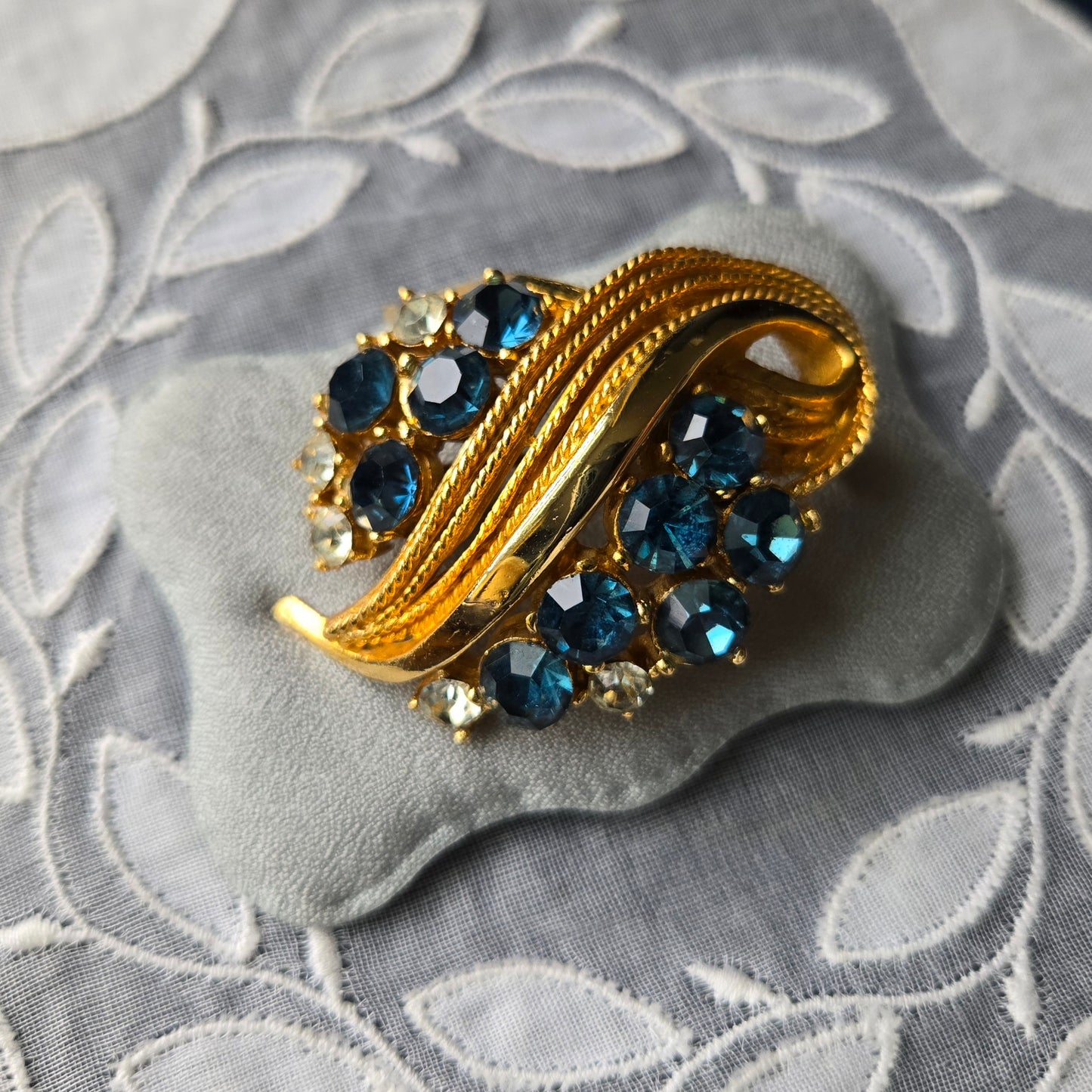 Brooch - Vintage Sphinx Blue and Clear Rhinestones Statement Brooch