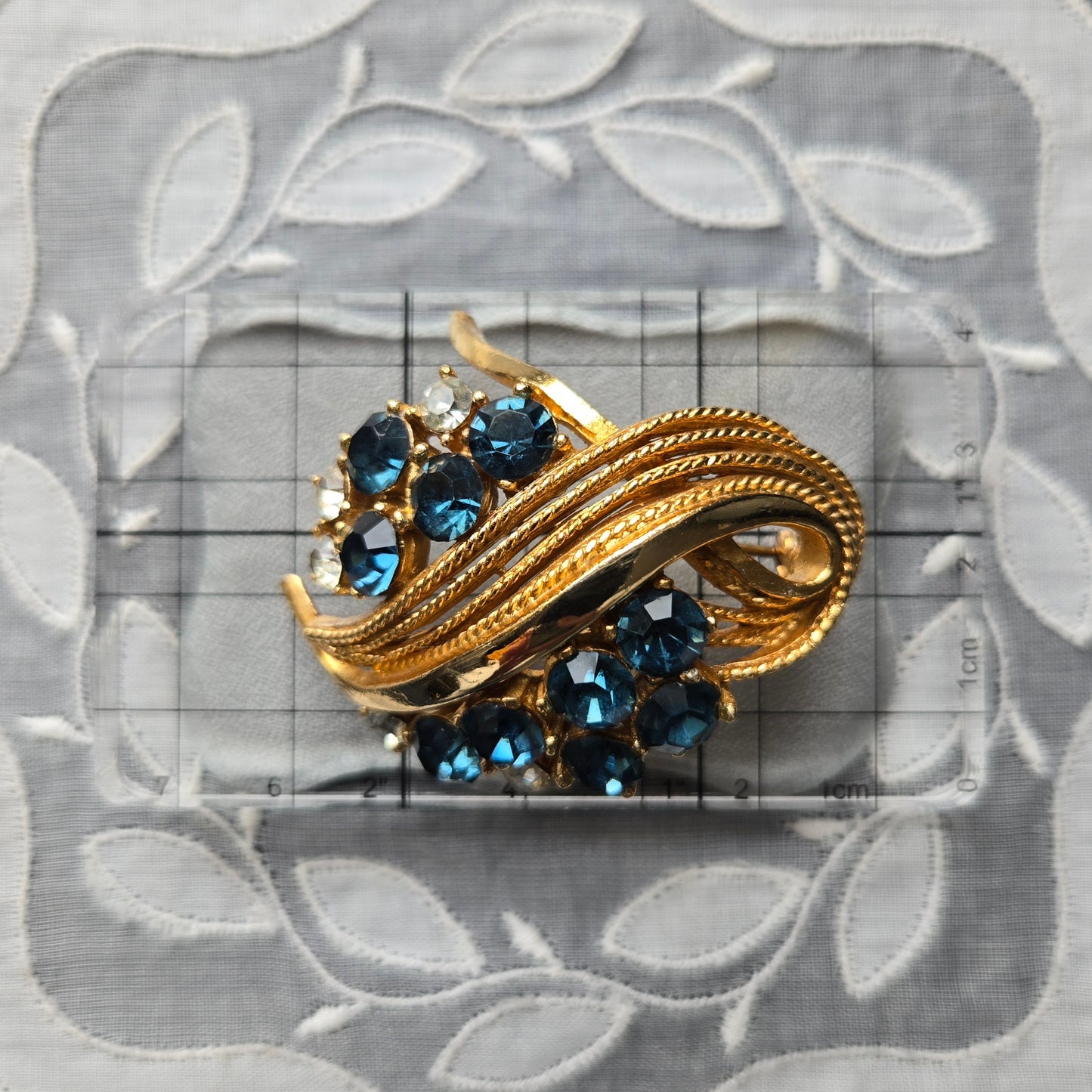 Brooch - Vintage Sphinx Blue and Clear Rhinestones Statement Brooch