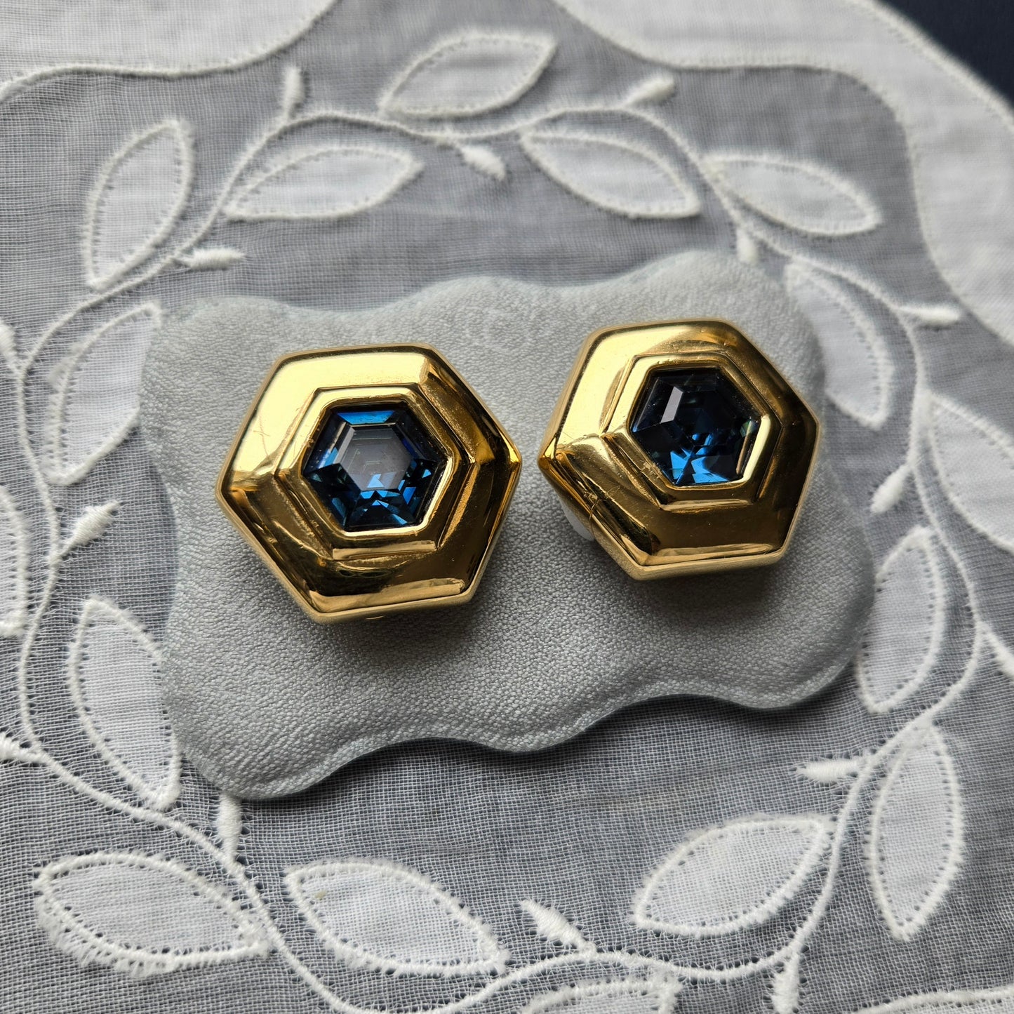 Clip on - Swarovski S.A.L Hexagonal Blue Crystal Clip on Earrings