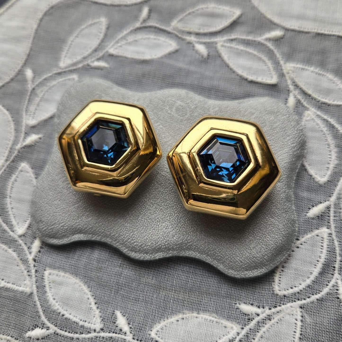 Clip on - Swarovski S.A.L Hexagonal Blue Crystal Clip on Earrings