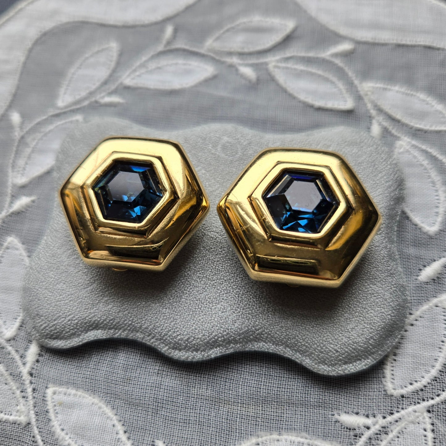 Clip on - Swarovski S.A.L Hexagonal Blue Crystal Clip on Earrings