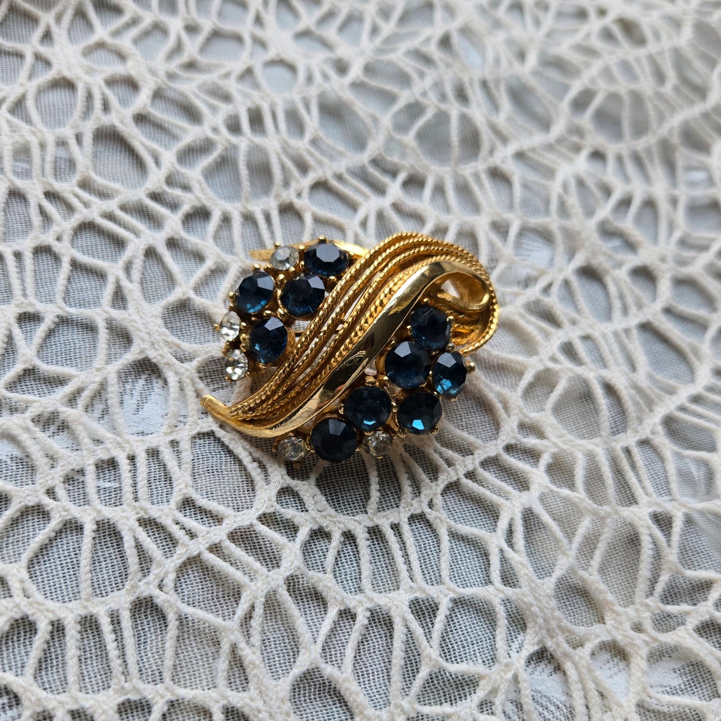 Brooch - Vintage Sphinx Blue and Clear Rhinestones Statement Brooch