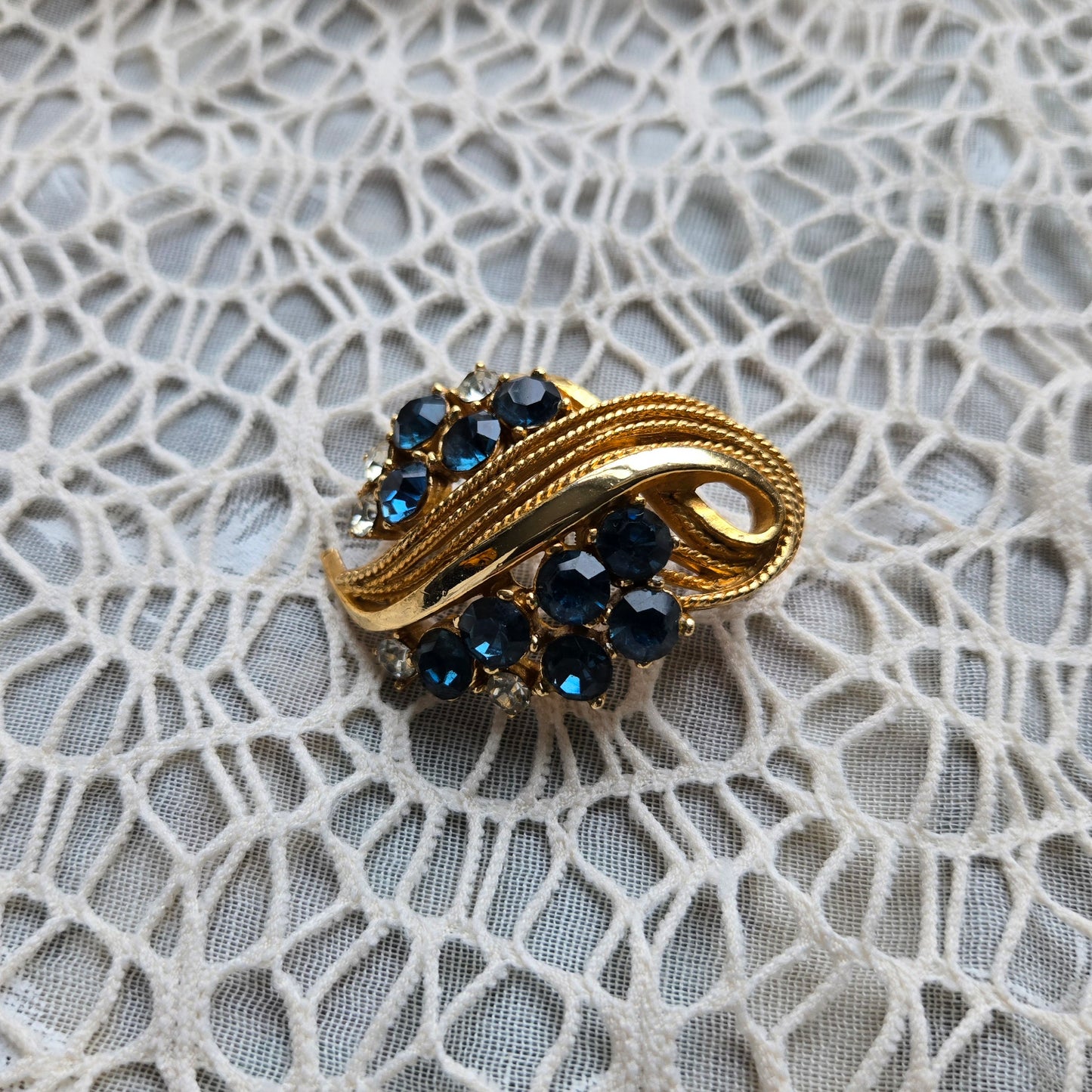 Brooch - Vintage Sphinx Blue and Clear Rhinestones Statement Brooch