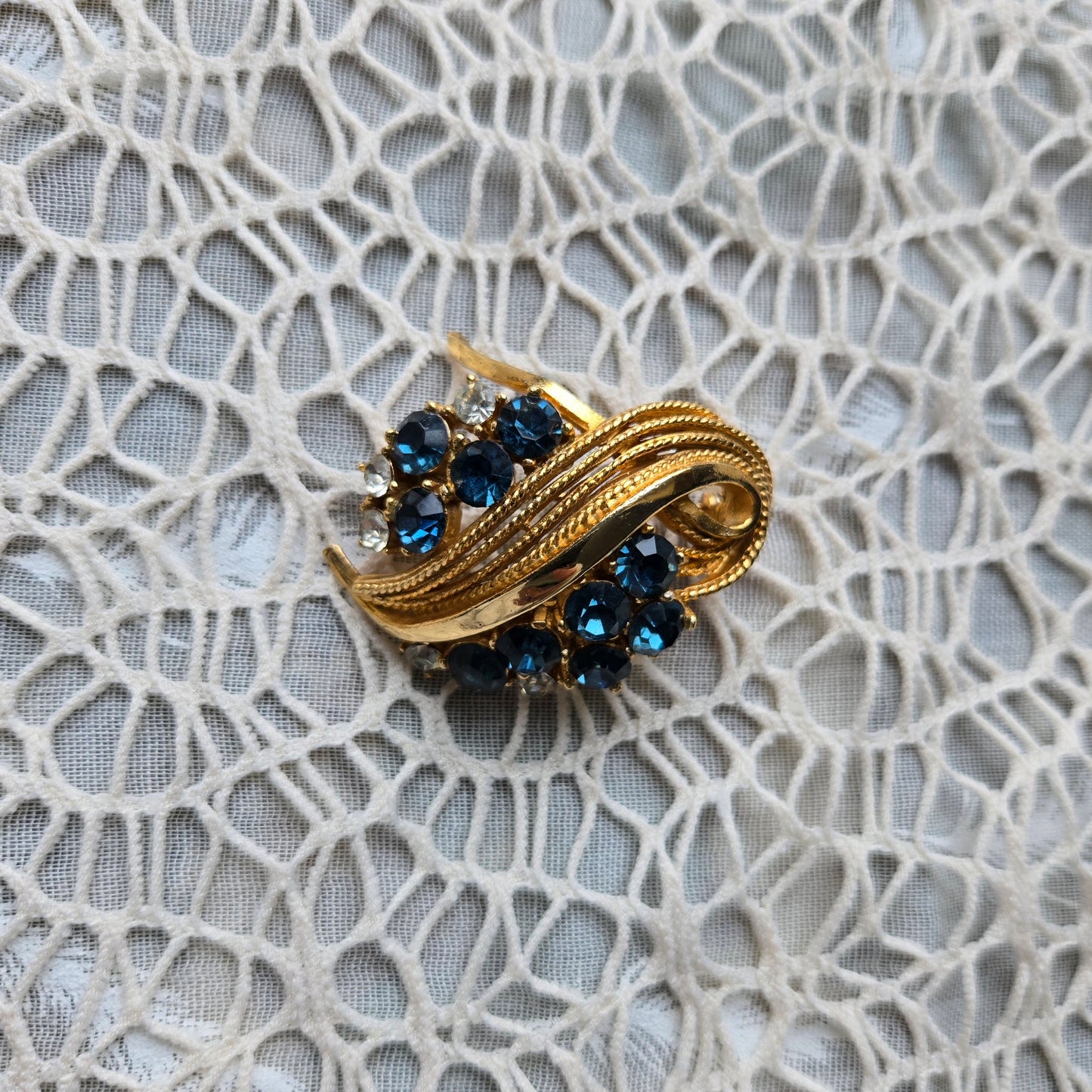 Brooch - Vintage Sphinx Blue and Clear Rhinestones Statement Brooch