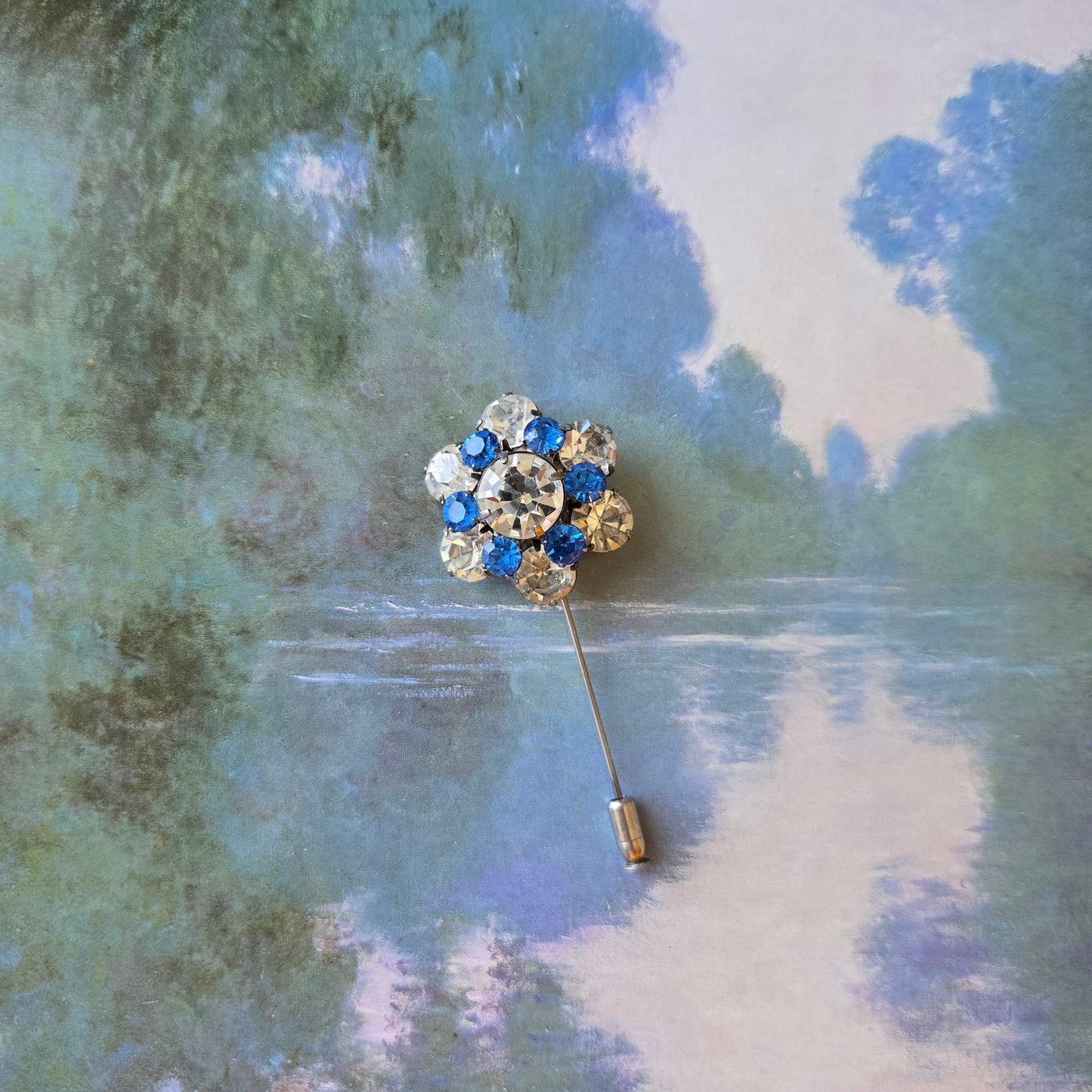 Stick Pin - Ivana Blue and Clear Crystals Flower Stick Pin Brooch