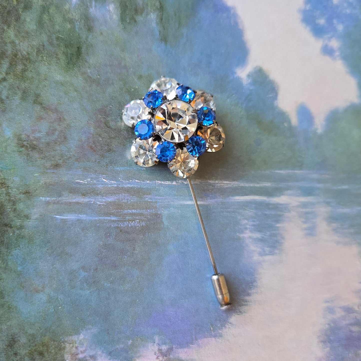 Stick Pin - Ivana Blue and Clear Crystals Flower Stick Pin Brooch