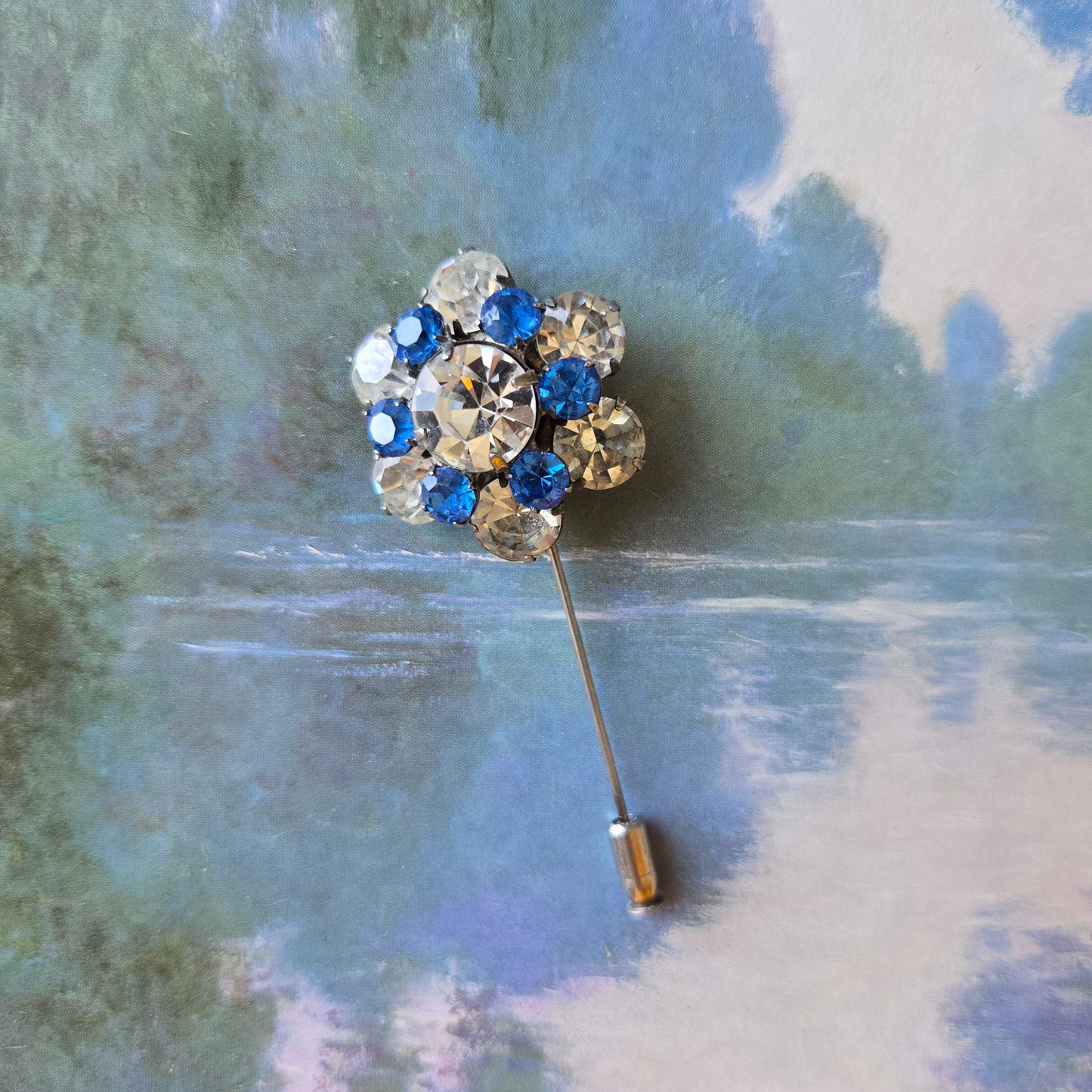 Stick Pin - Ivana Blue and Clear Crystals Flower Stick Pin Brooch