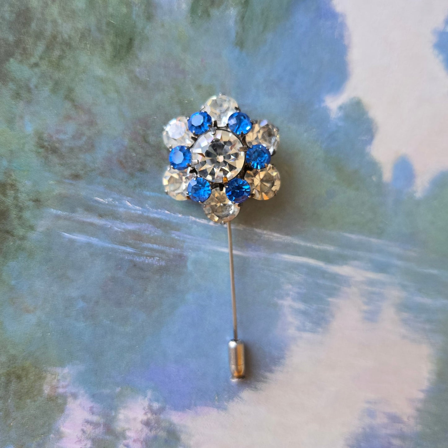 Stick Pin - Ivana Blue and Clear Crystals Flower Stick Pin Brooch