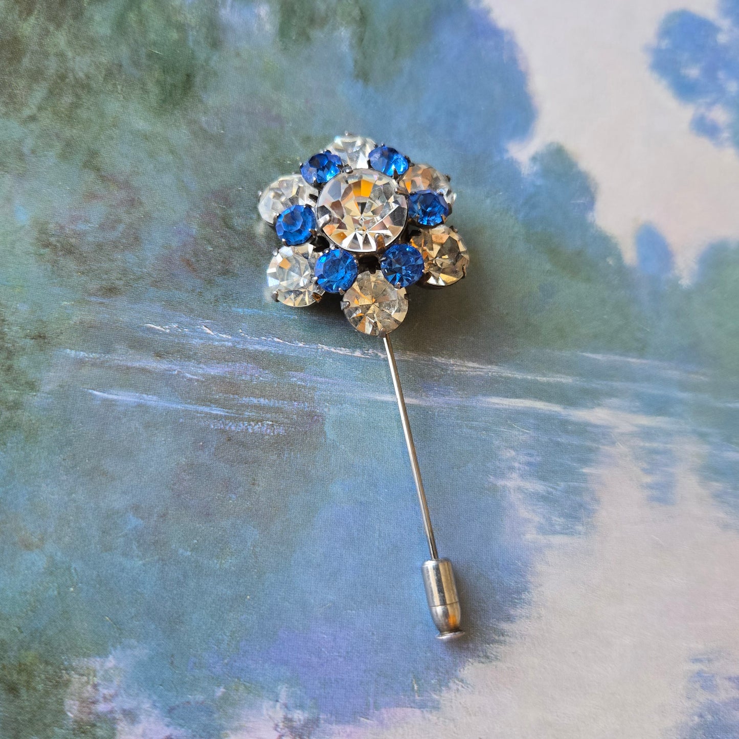 Stick Pin - Ivana Blue and Clear Crystals Flower Stick Pin Brooch