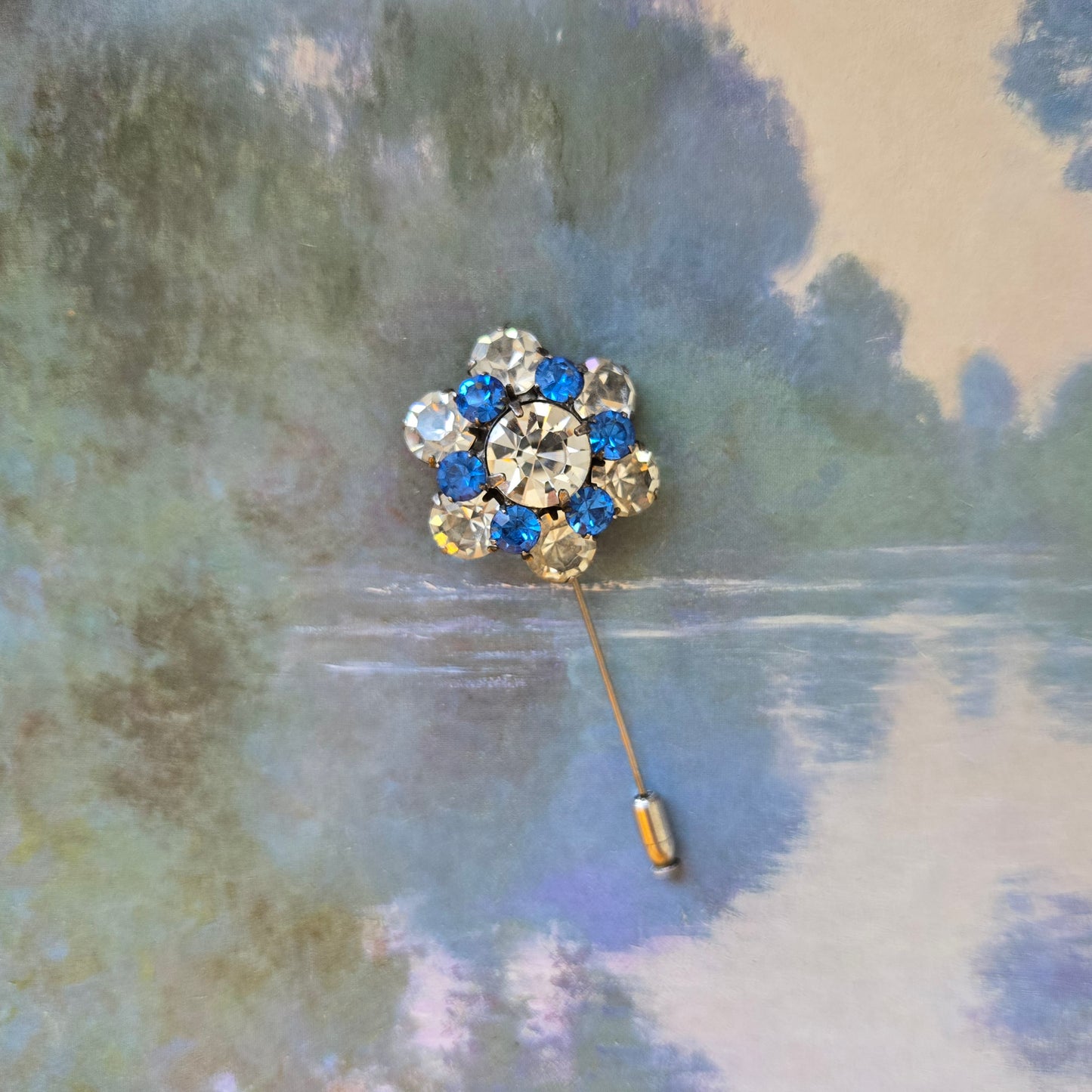 Stick Pin - Ivana Blue and Clear Crystals Flower Stick Pin Brooch