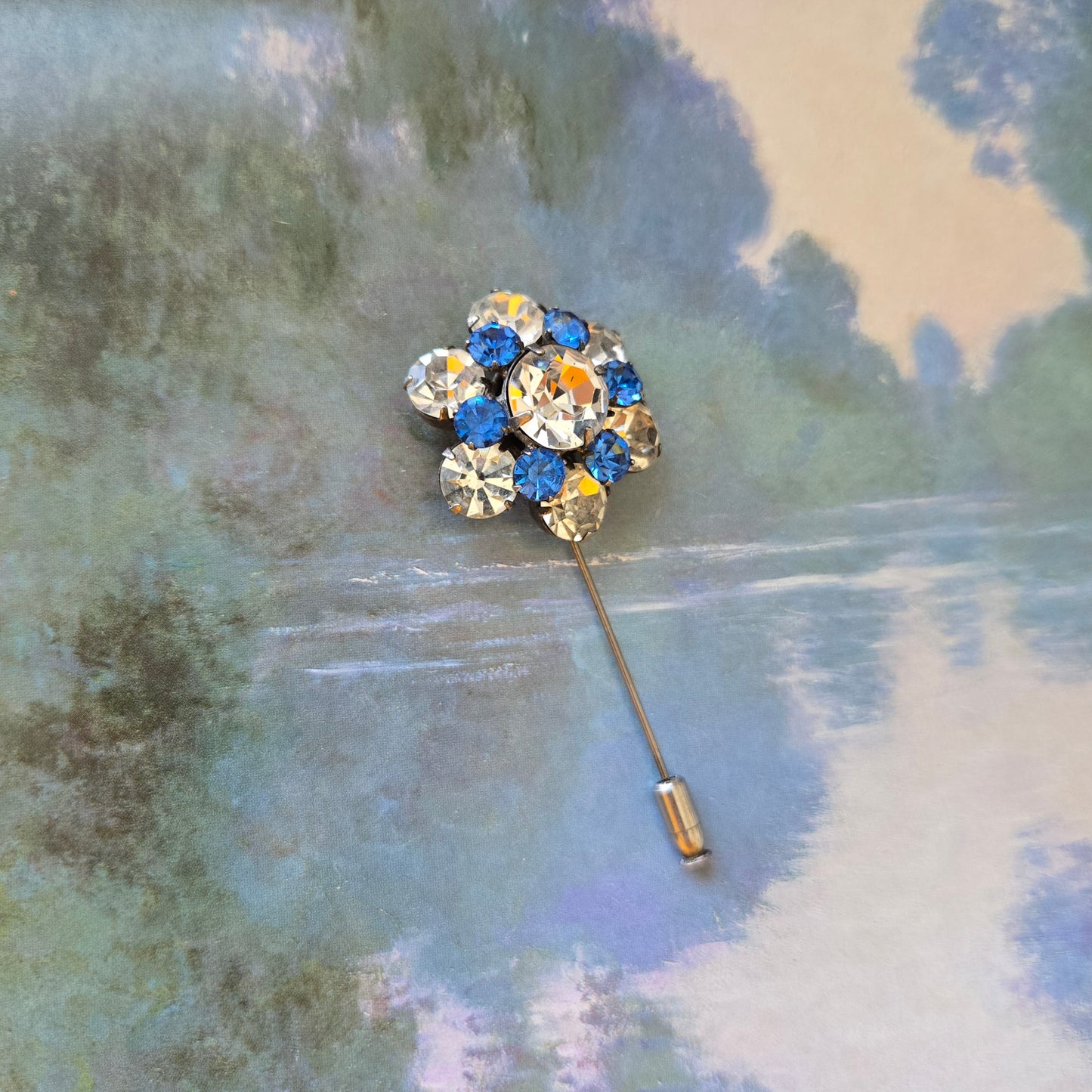 Stick Pin - Ivana Blue and Clear Crystals Flower Stick Pin Brooch