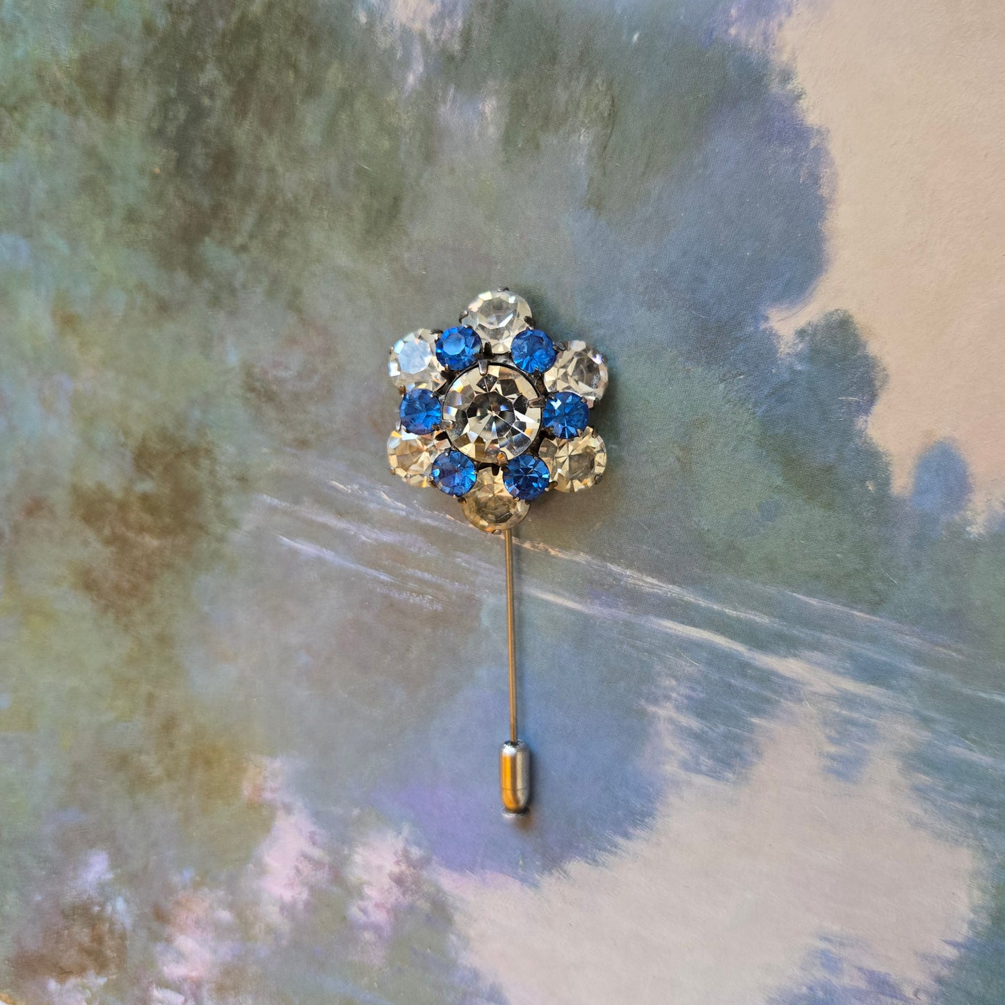 Stick Pin - Ivana Blue and Clear Crystals Flower Stick Pin Brooch