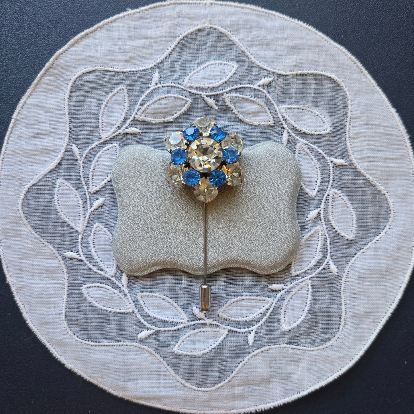 Stick Pin - Ivana Blue and Clear Crystals Flower Stick Pin Brooch