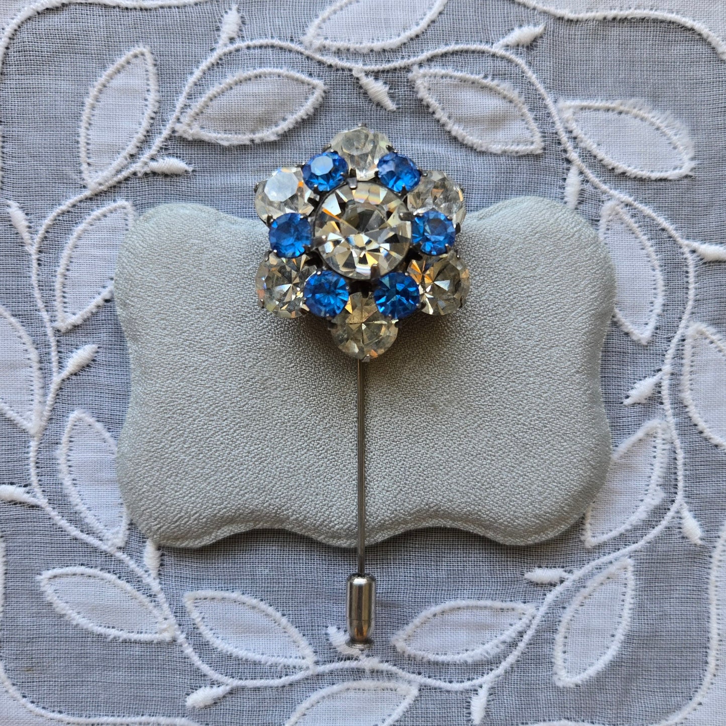 Stick Pin - Ivana Blue and Clear Crystals Flower Stick Pin Brooch