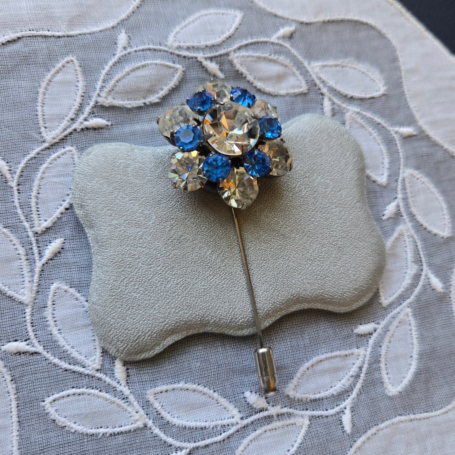 Stick Pin - Ivana Blue and Clear Crystals Flower Stick Pin Brooch