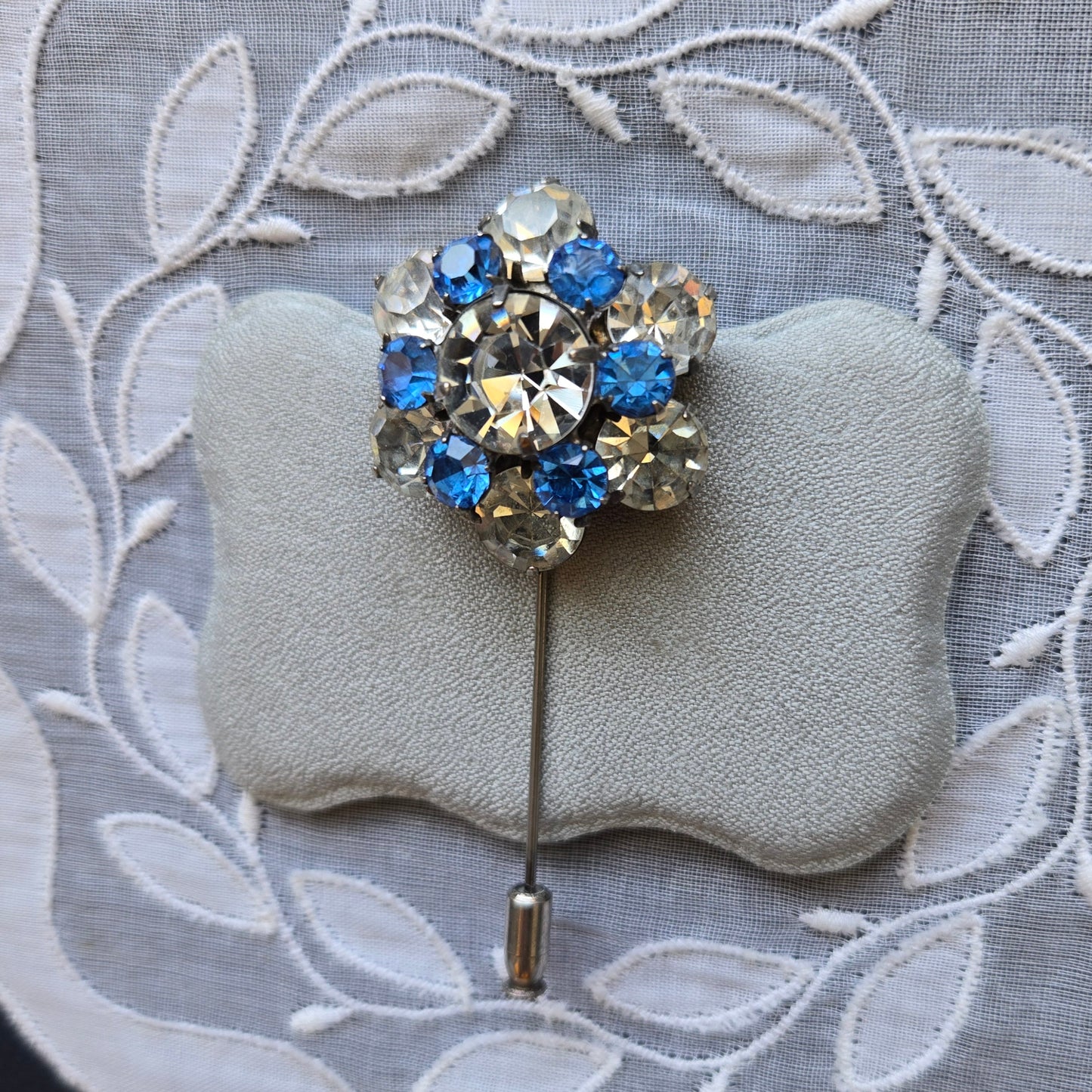 Stick Pin - Ivana Blue and Clear Crystals Flower Stick Pin Brooch