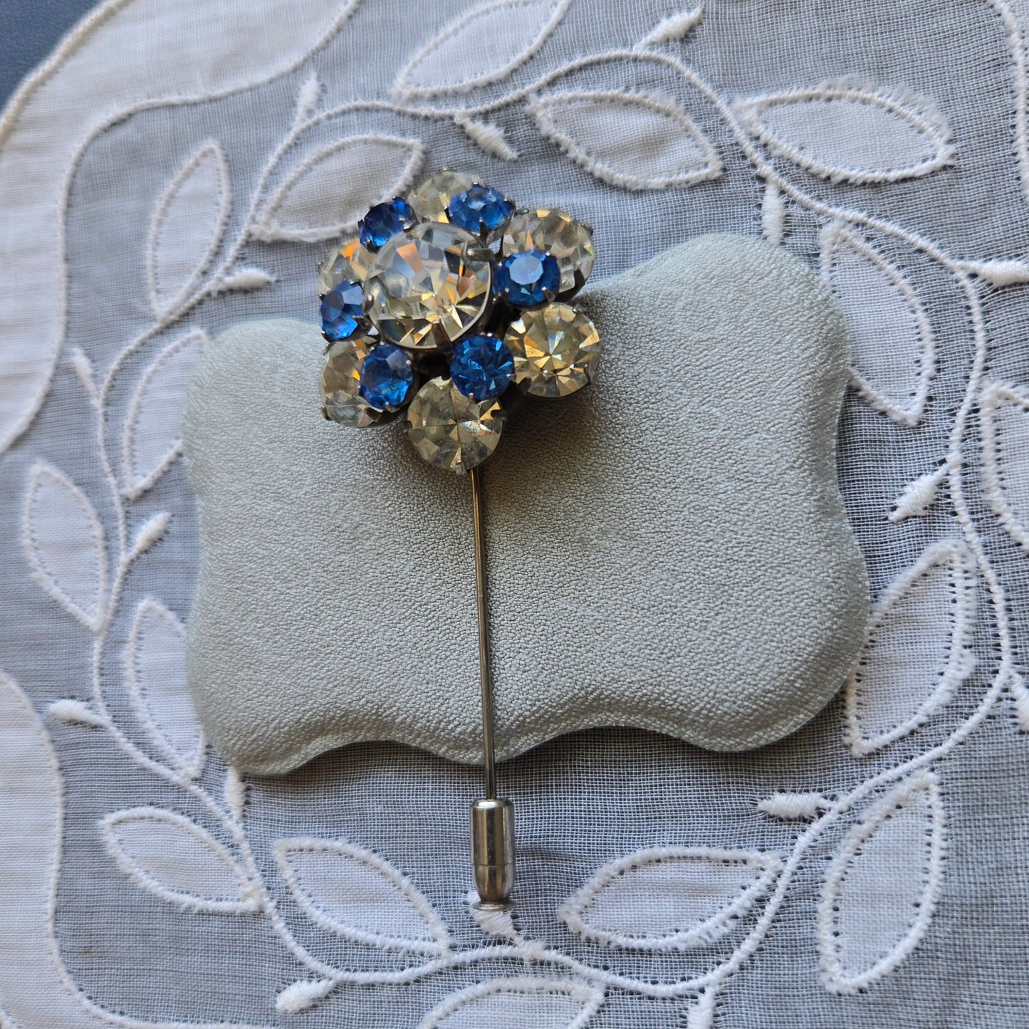 Stick Pin - Ivana Blue and Clear Crystals Flower Stick Pin Brooch